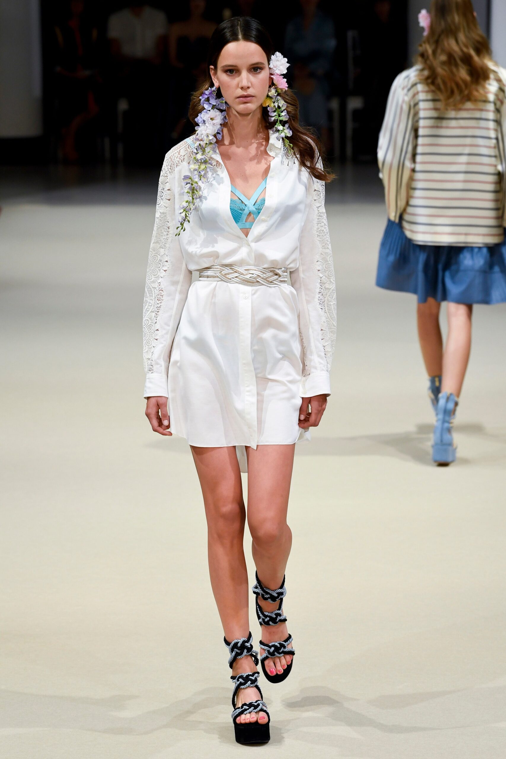 white shirt-dress with black sandals