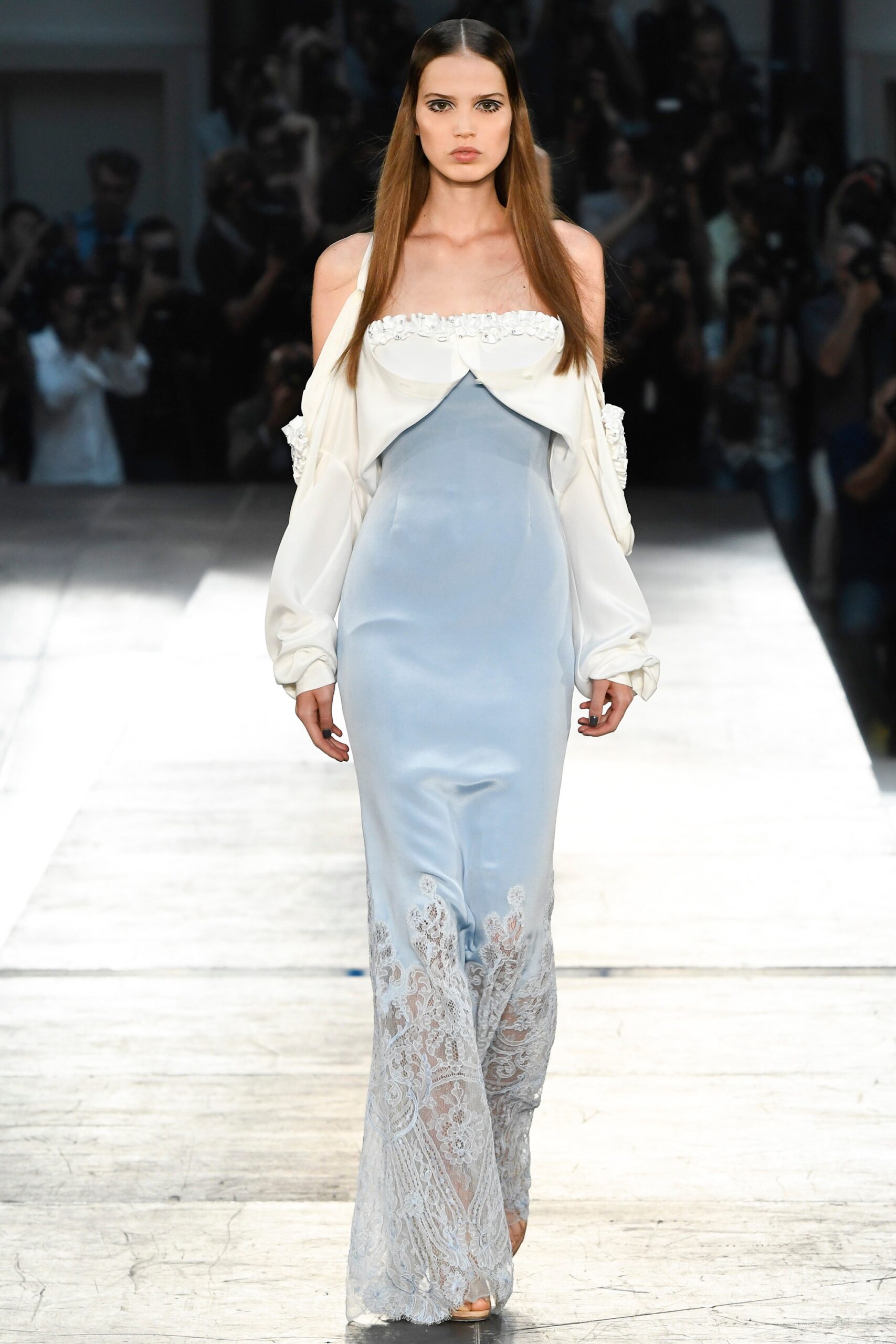 blue and white off-shoulder gown