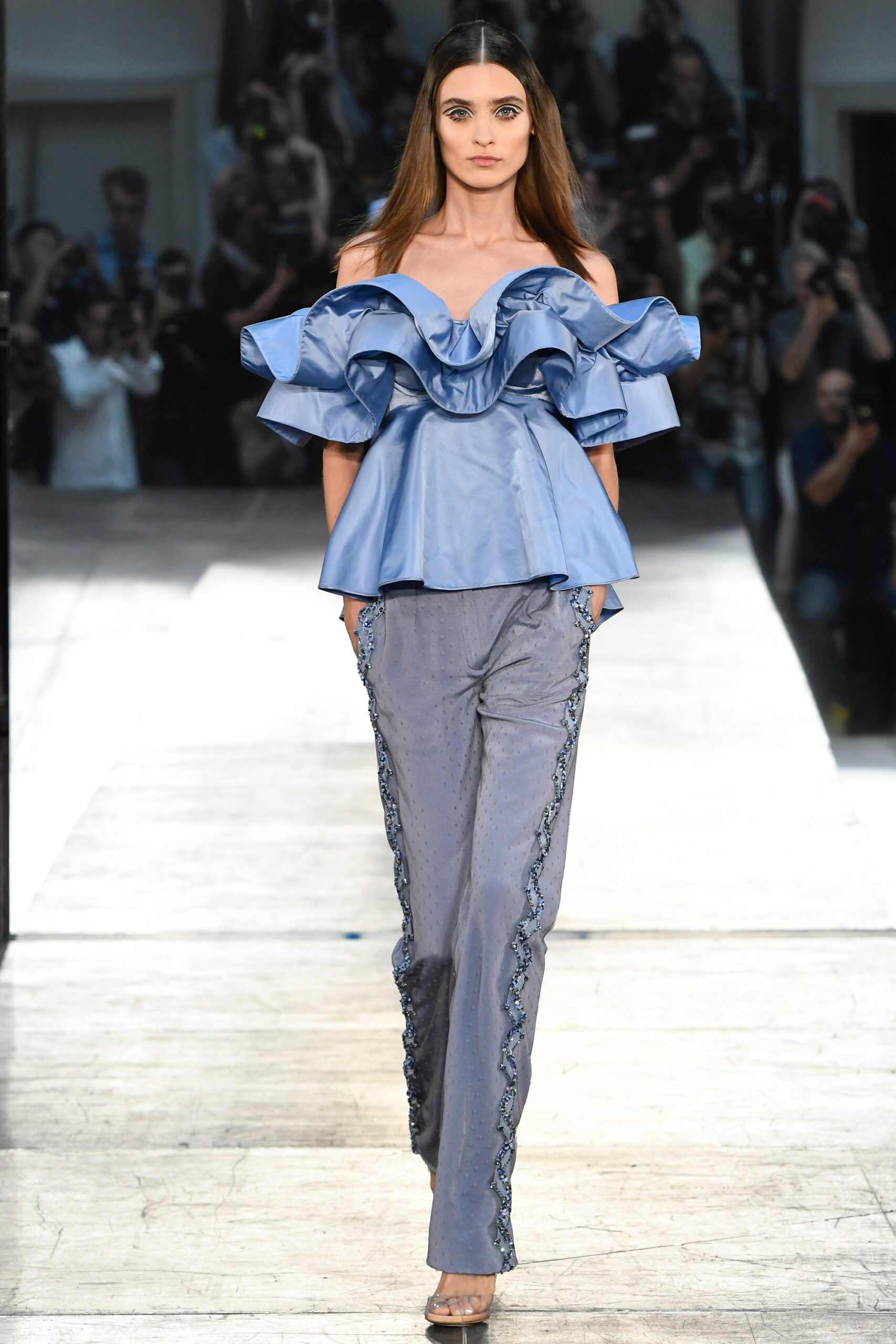 blue silk off-shoulder top and pants