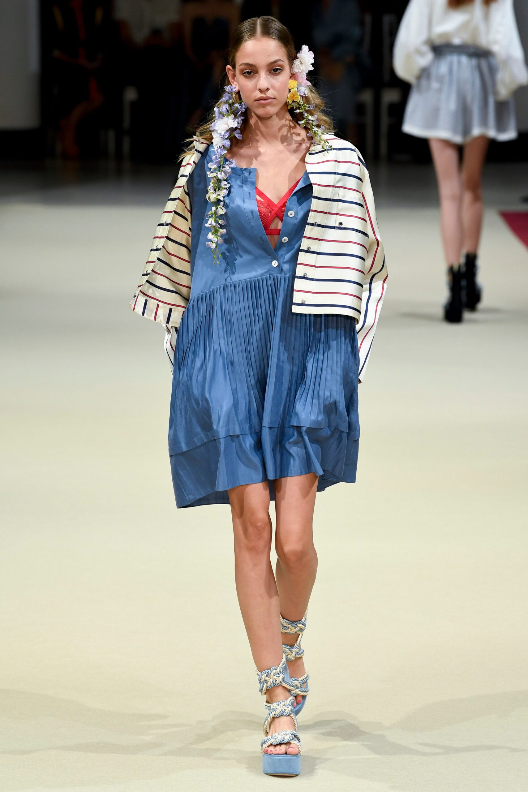 blue silk pleated dress with striped jacket
