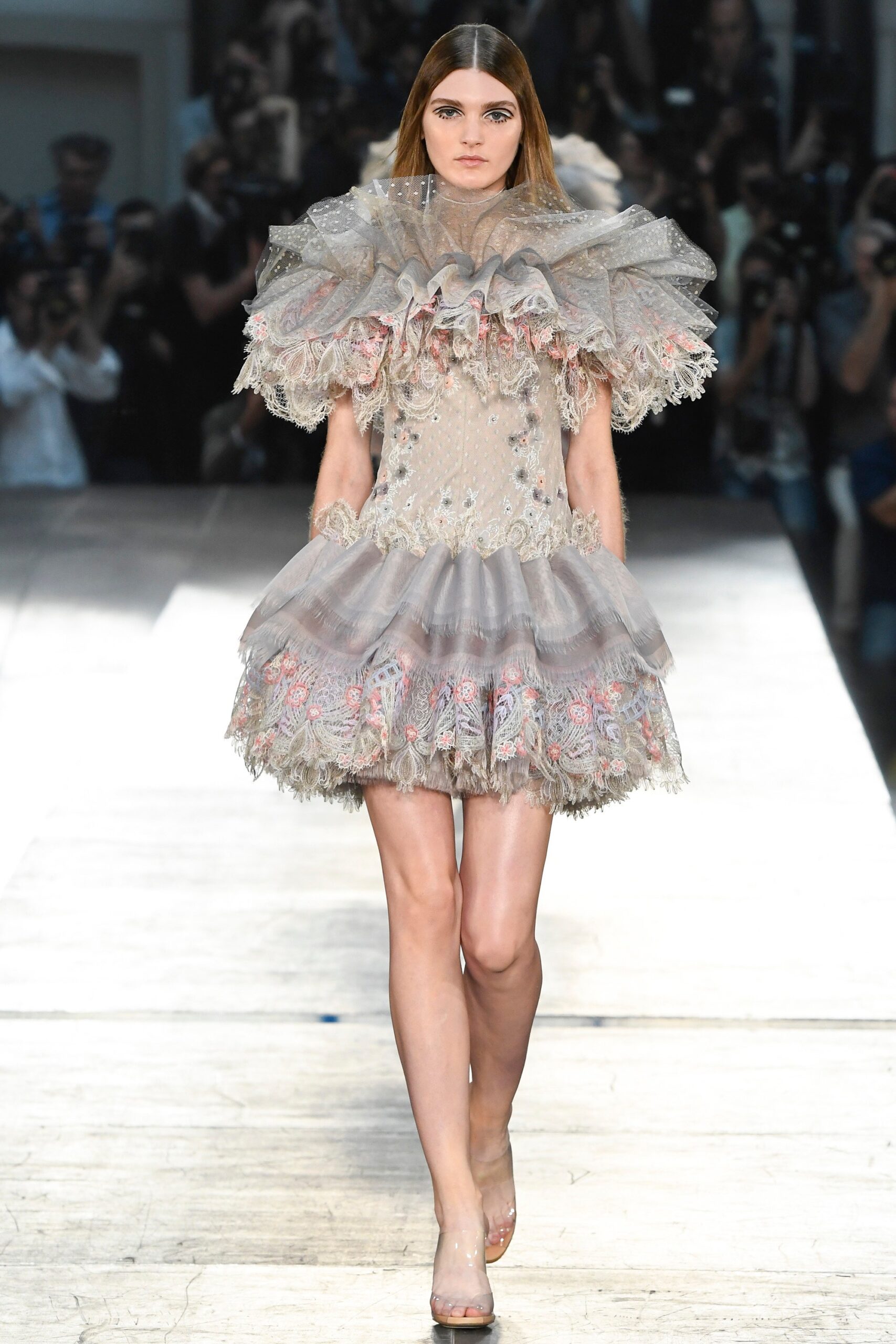 gray silk ruffled mini dress