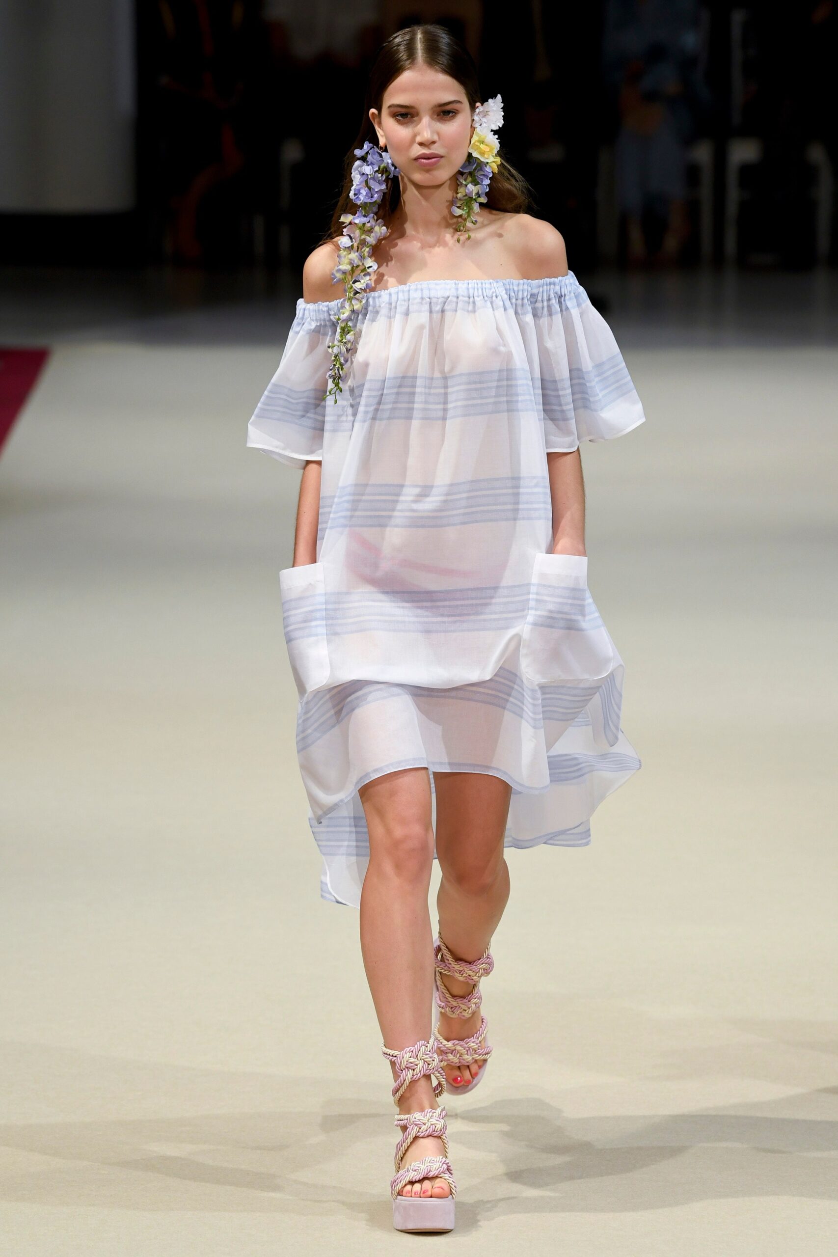 white and blue striped off-shoulder dress