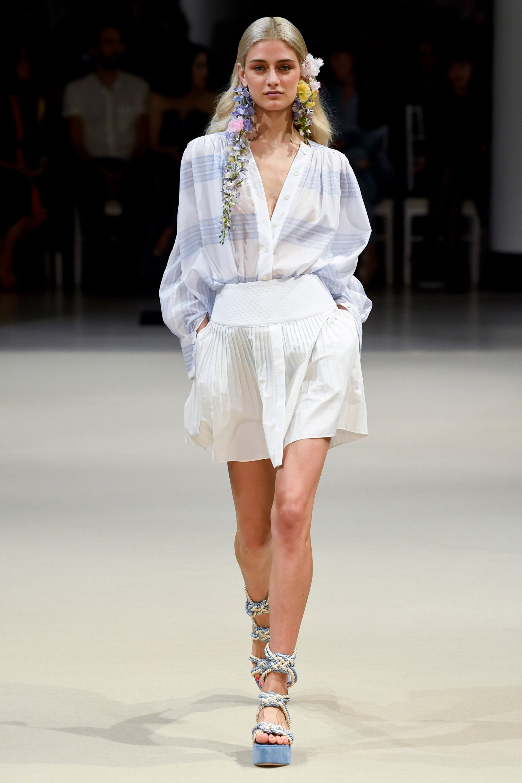 white pleated blouse and mini skirt