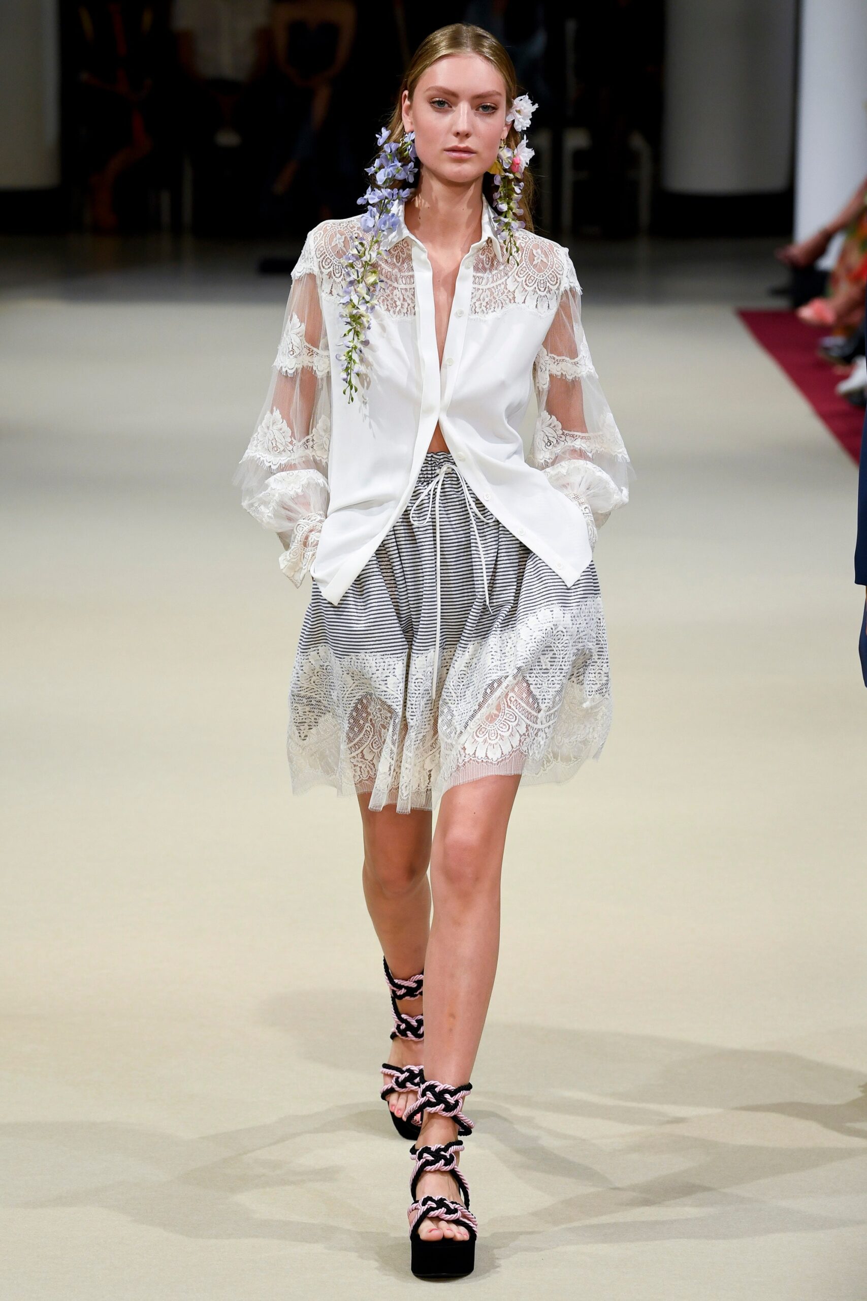 white lace blouse gray mini skirt