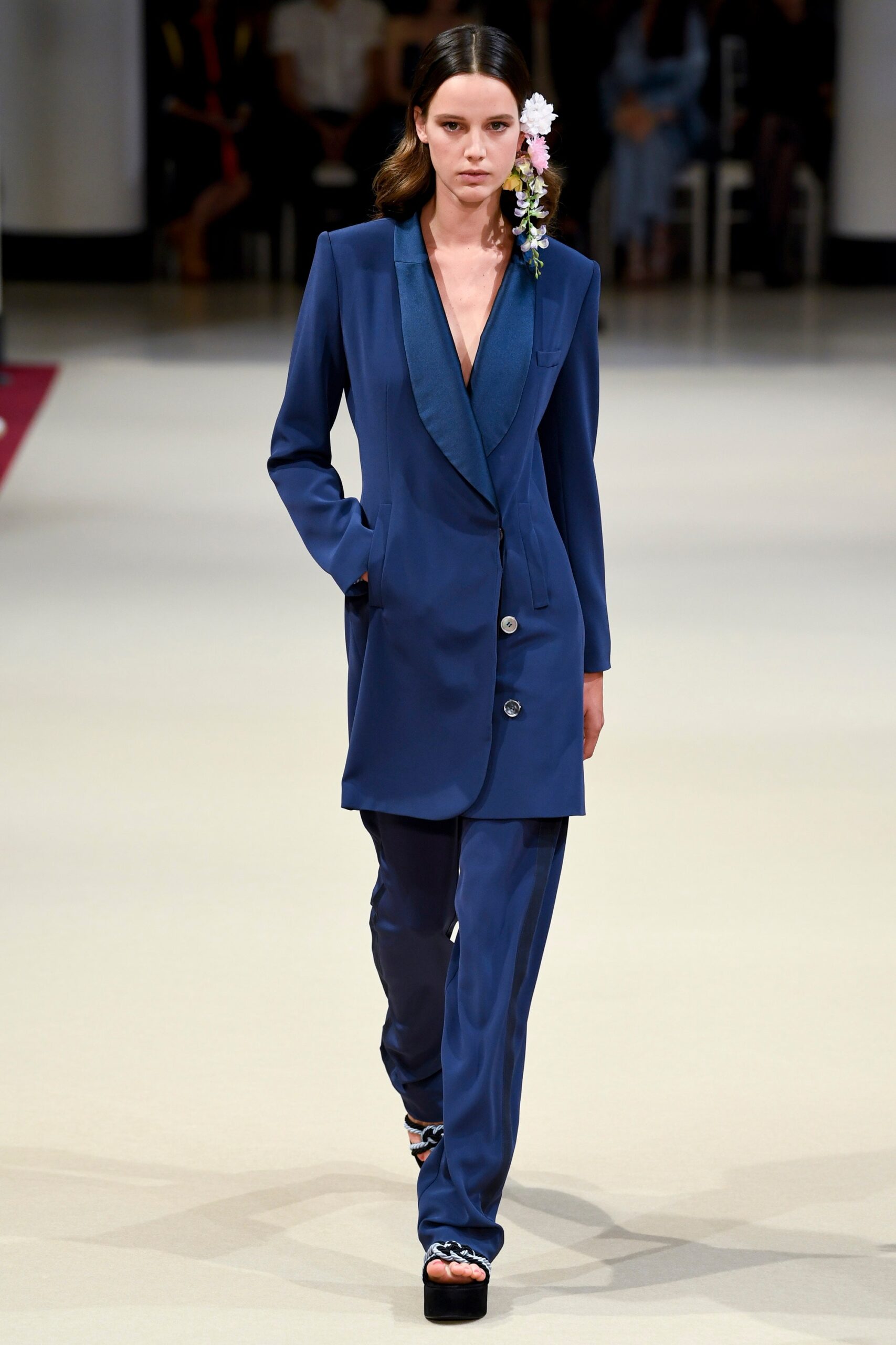 blue tailored silk suit