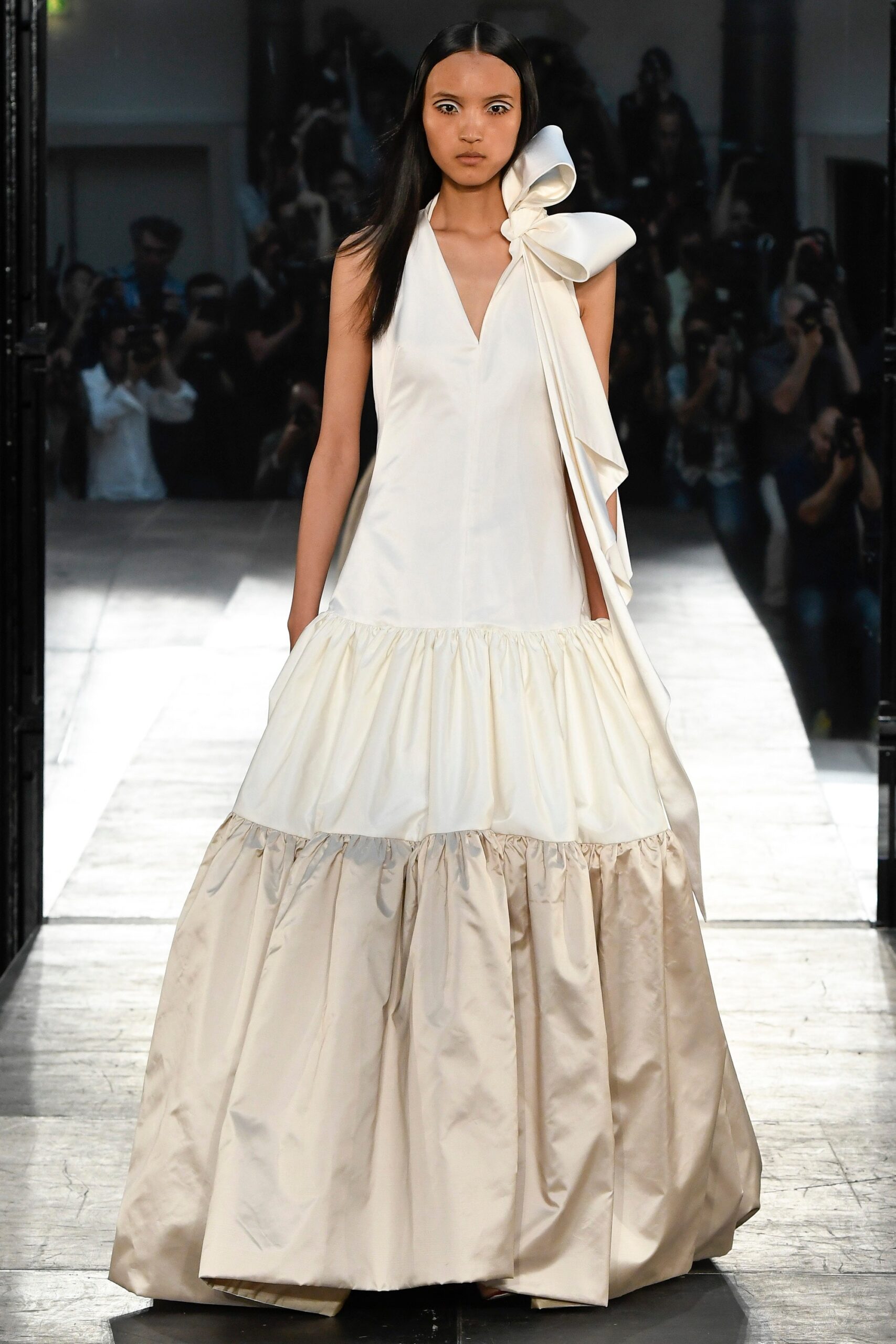 white silk sleeveless gown