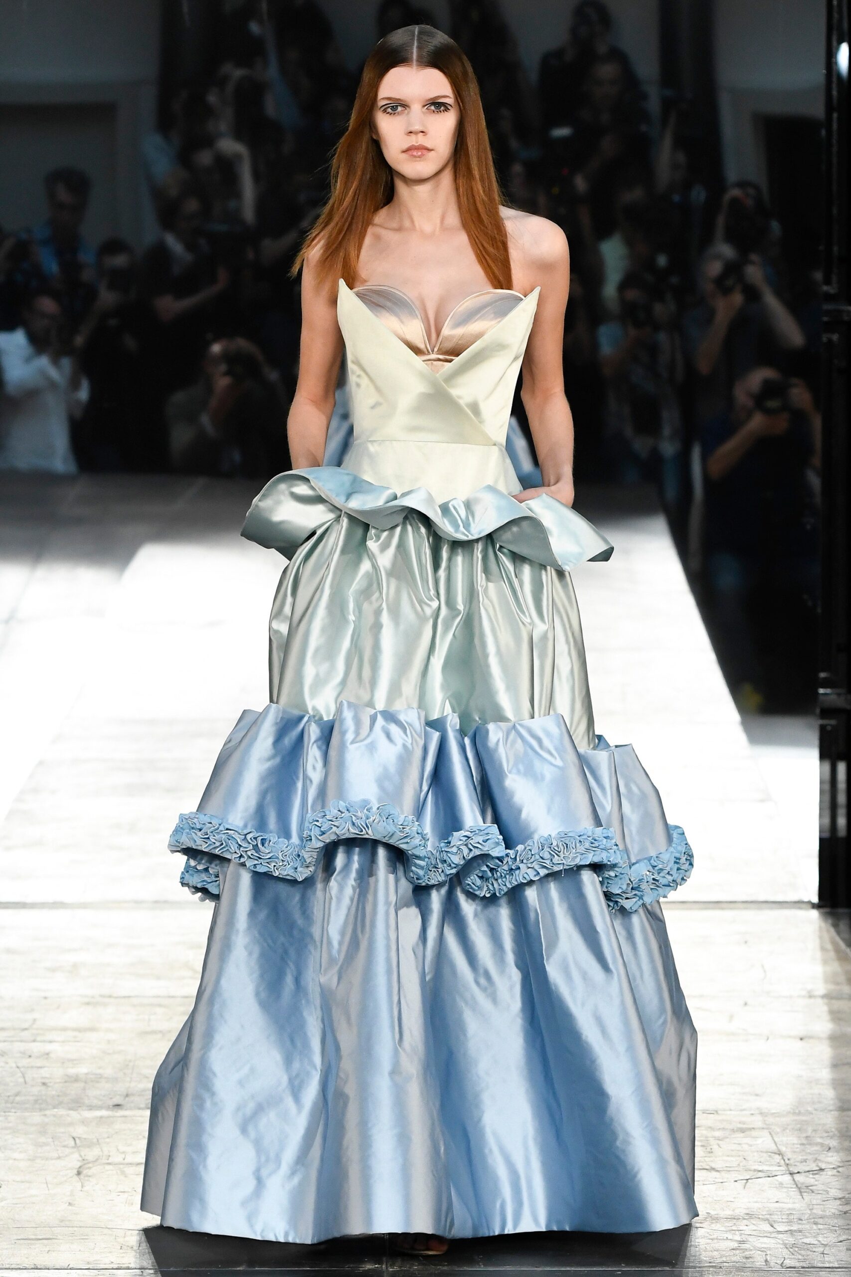 blue ivory ruffled gown