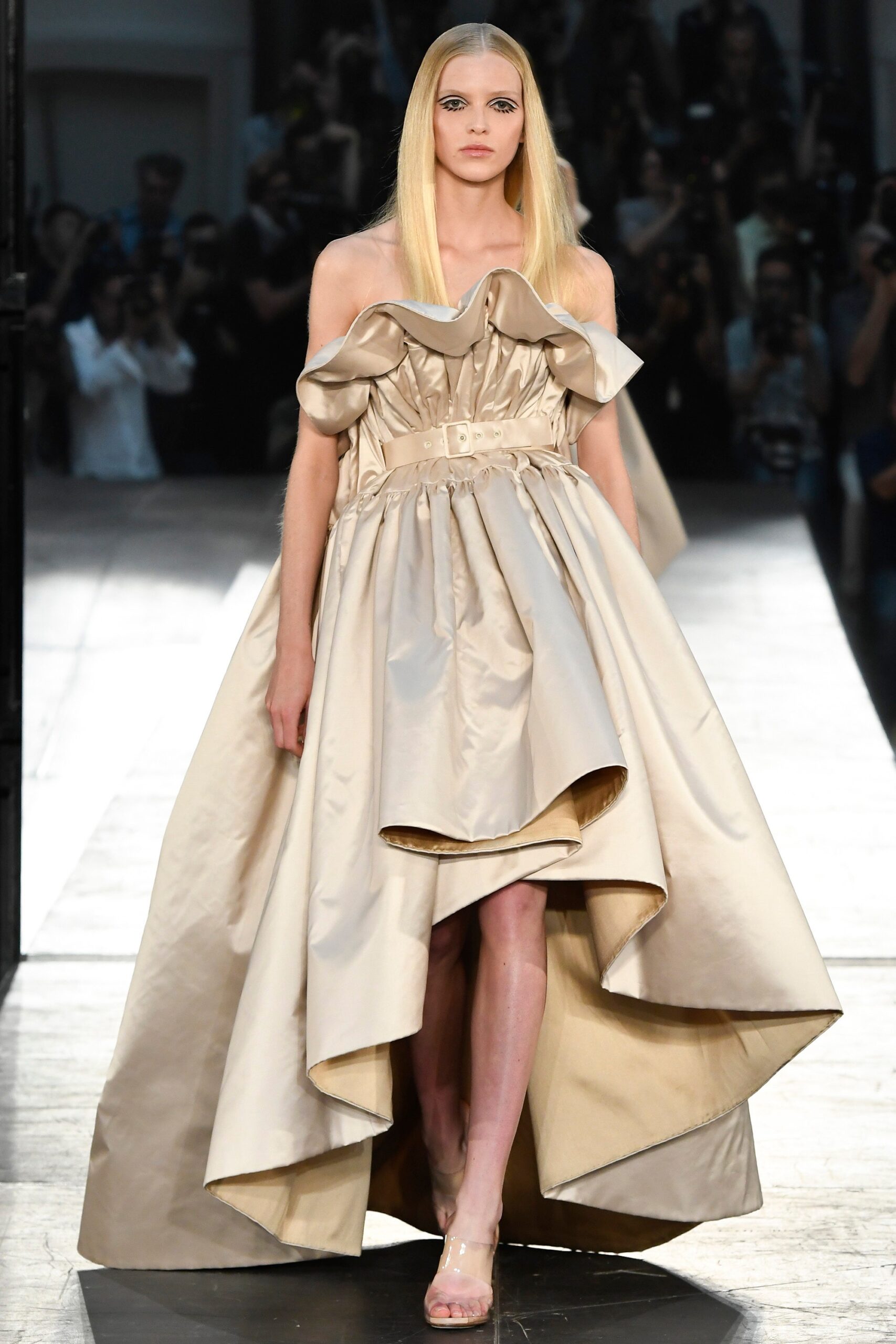 beige silk strapless gown