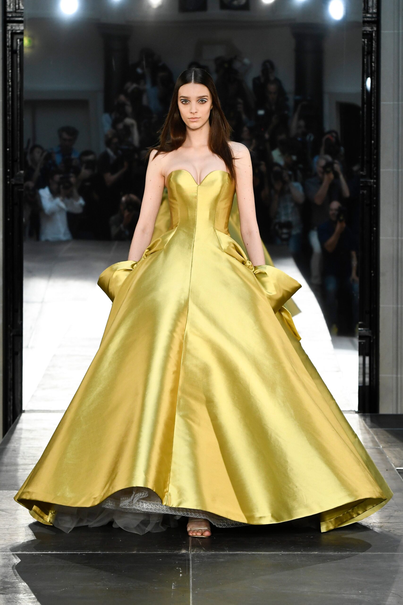 yellow satin strapless gown