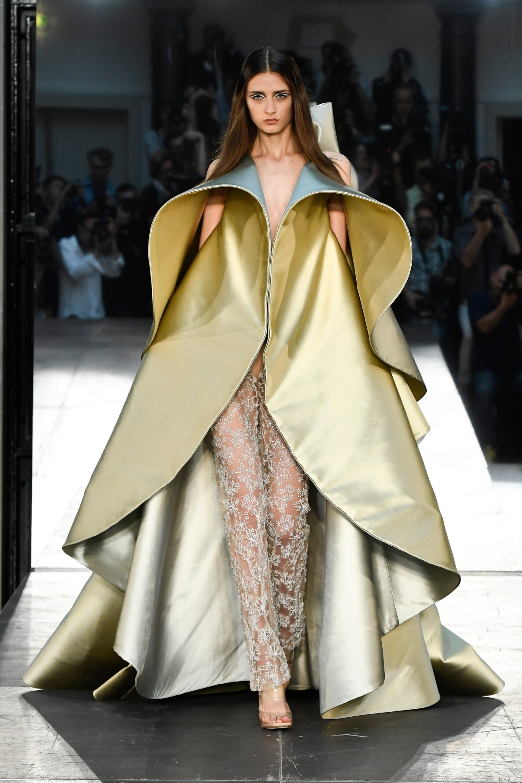 gold silk sleeveless v-neck structured layered flowing cape
