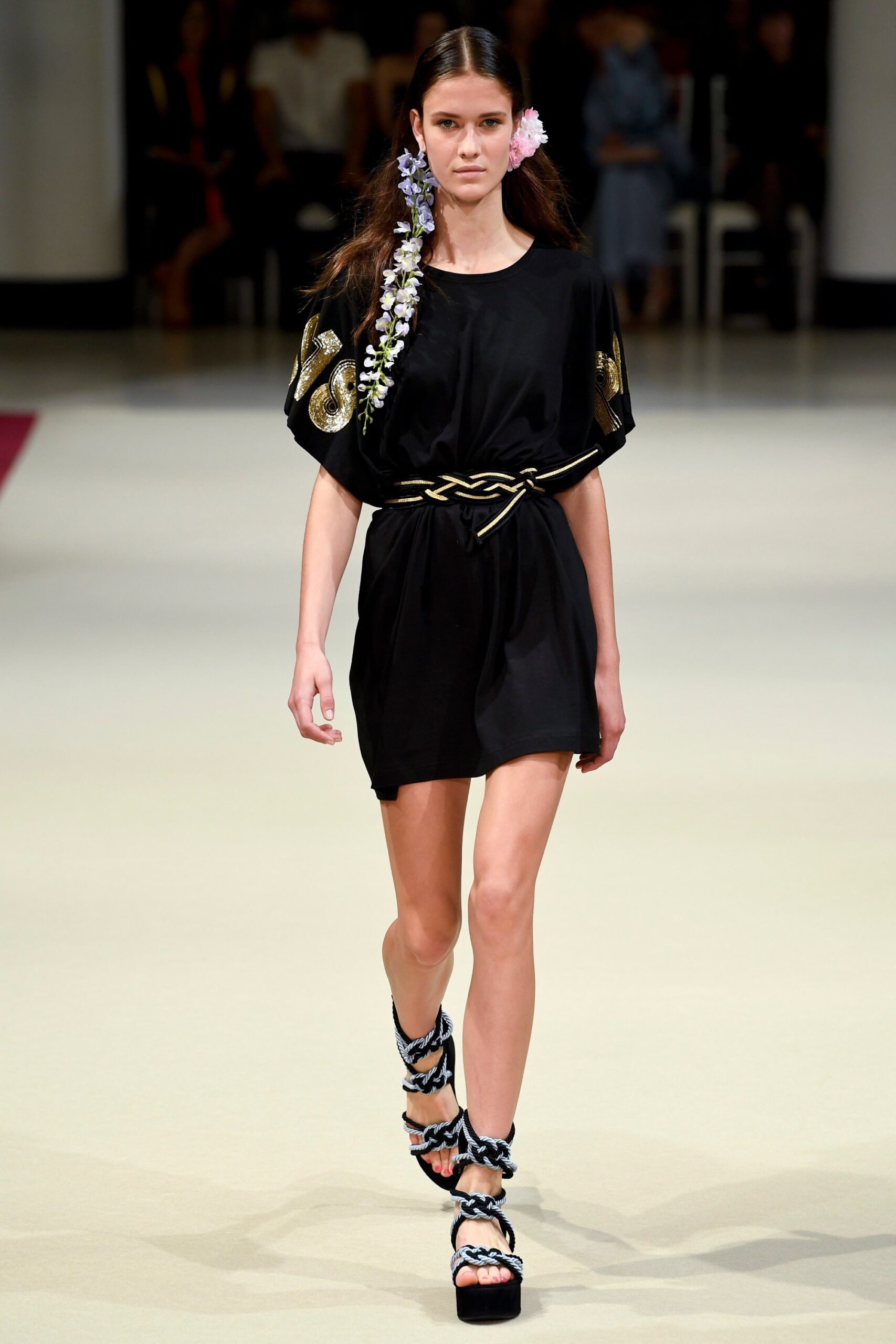 black fitted dress with platform shoes