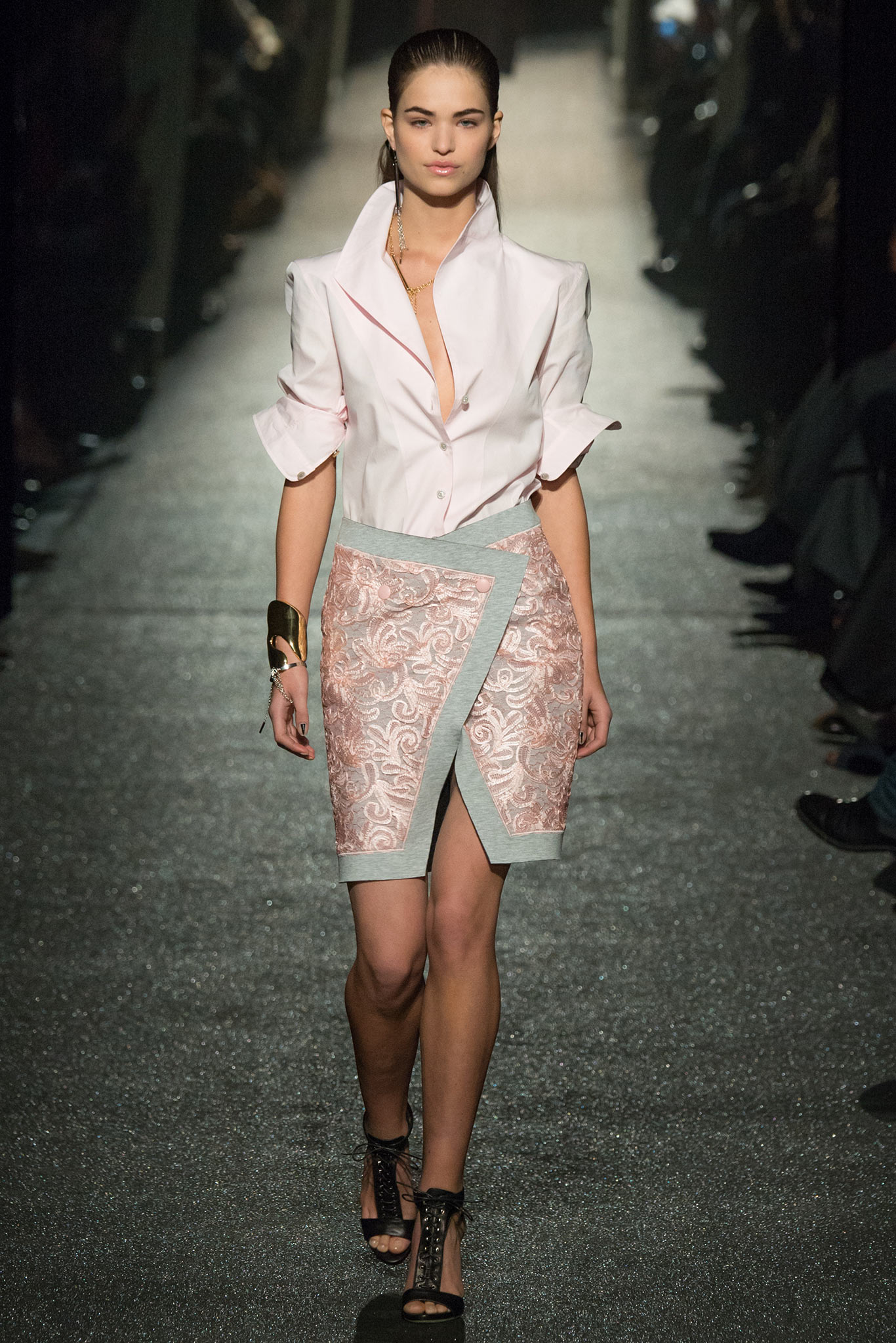 white fitted shirt with pink skirt