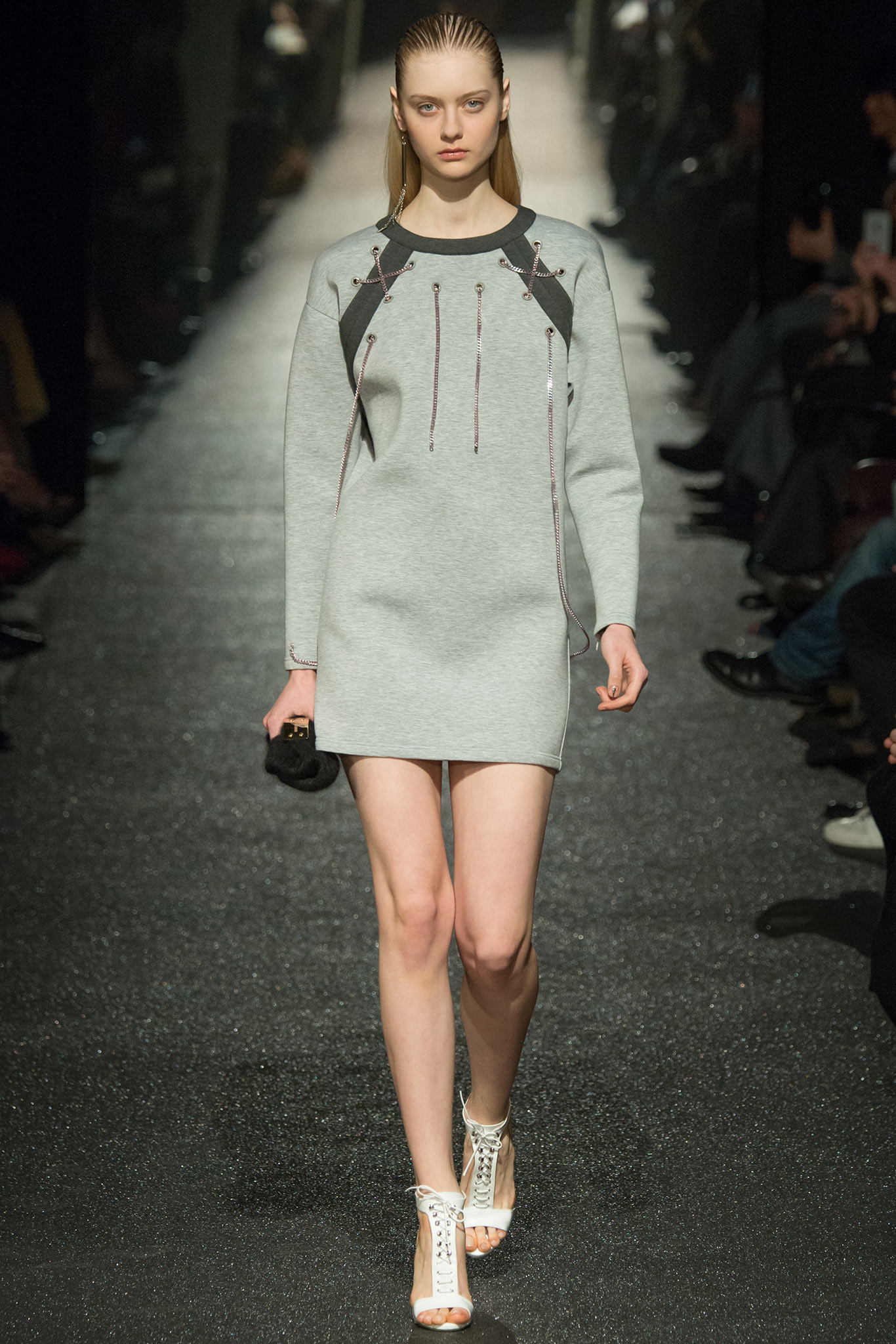 gray cotton long-sleeve collared fitted zippered mini dress
