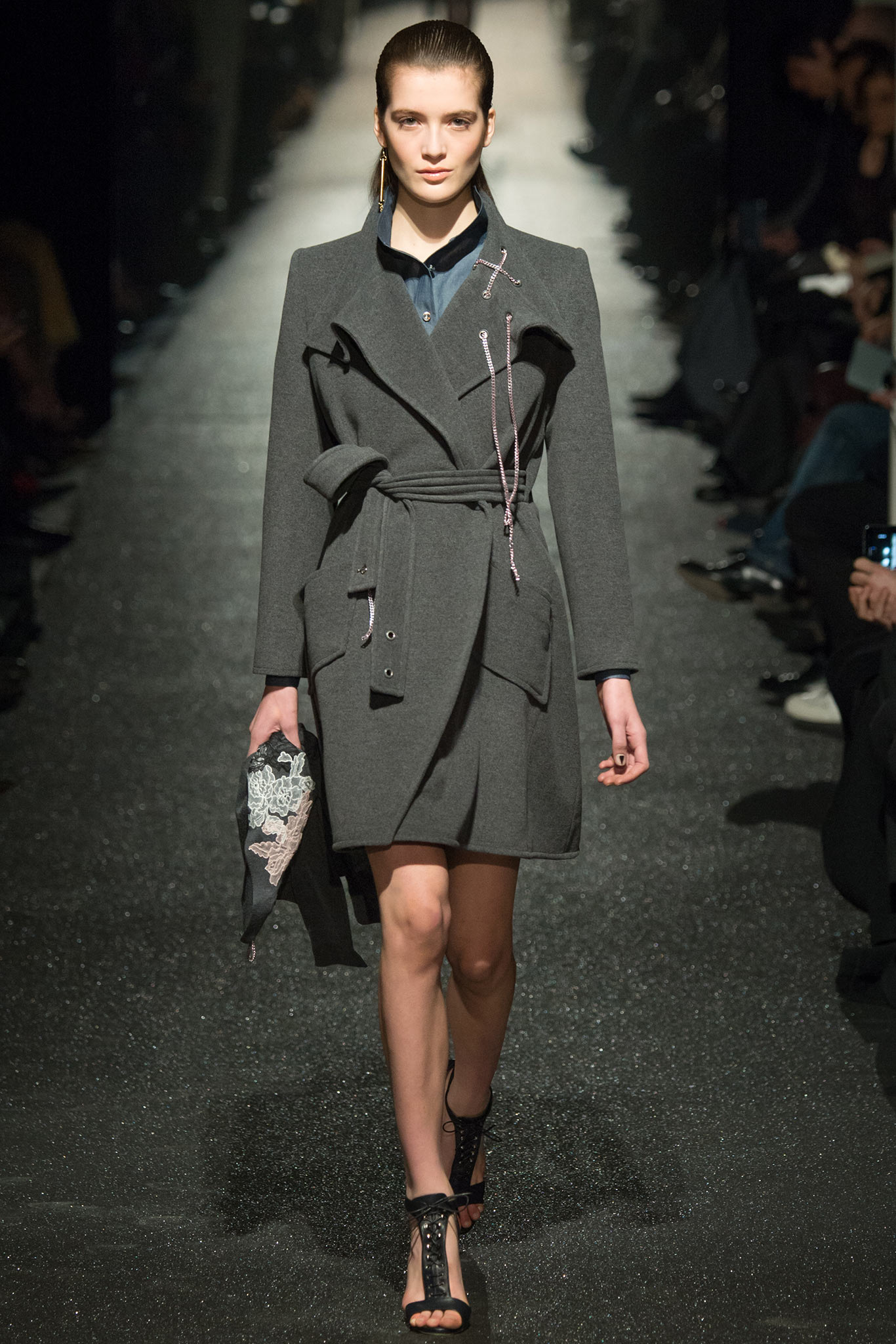 gray wool long-sleeve collared fitted belted coat