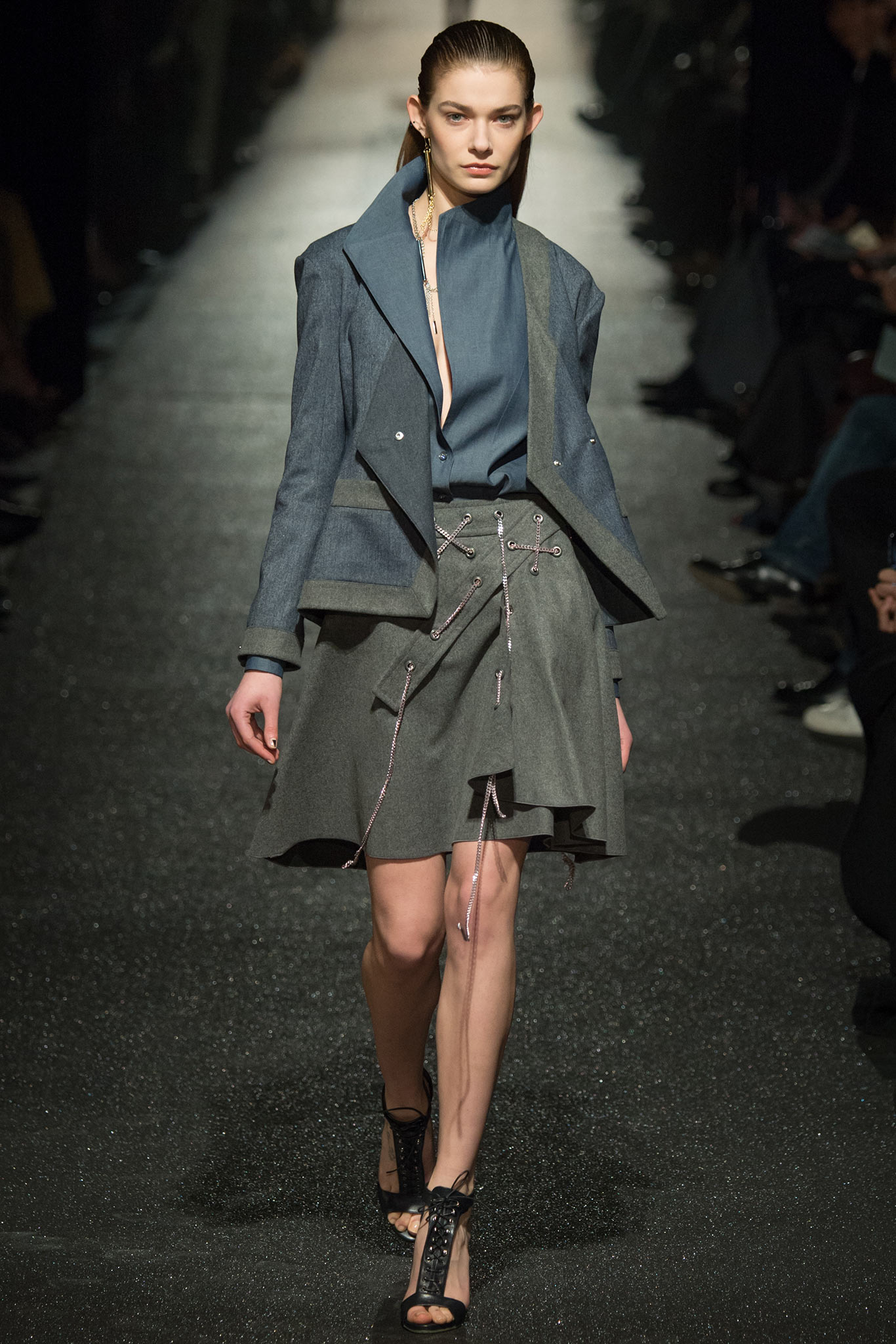 blue denim long-sleeve collared tailored buttoned jacket