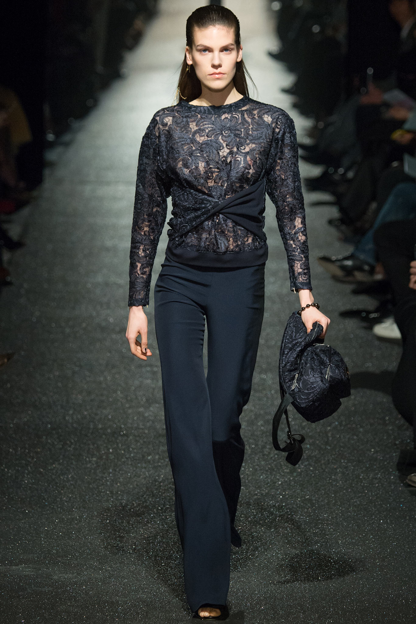 blue lace long-sleeve v-neck fitted draped top