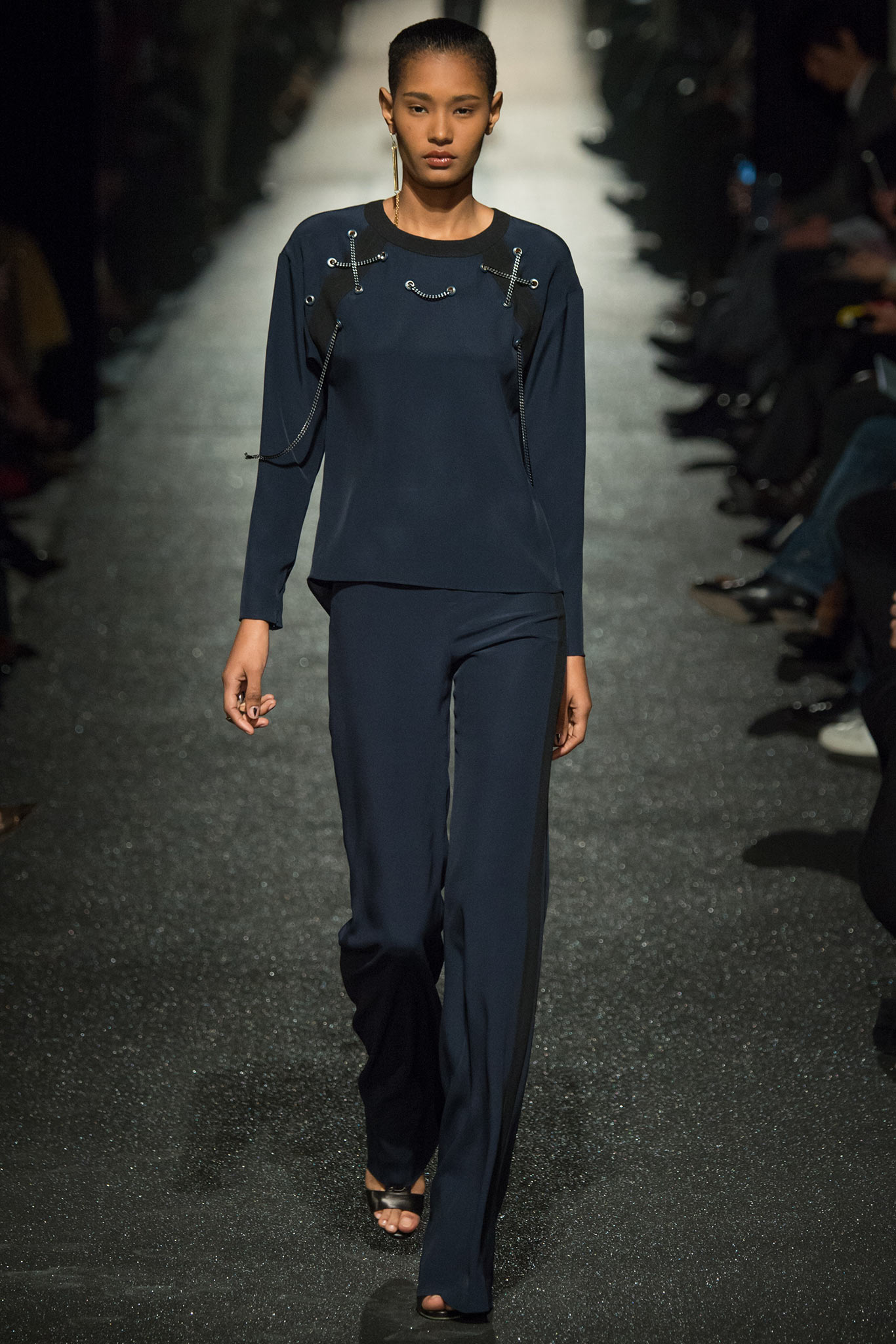 blue cotton long-sleeve collared fitted embellished top