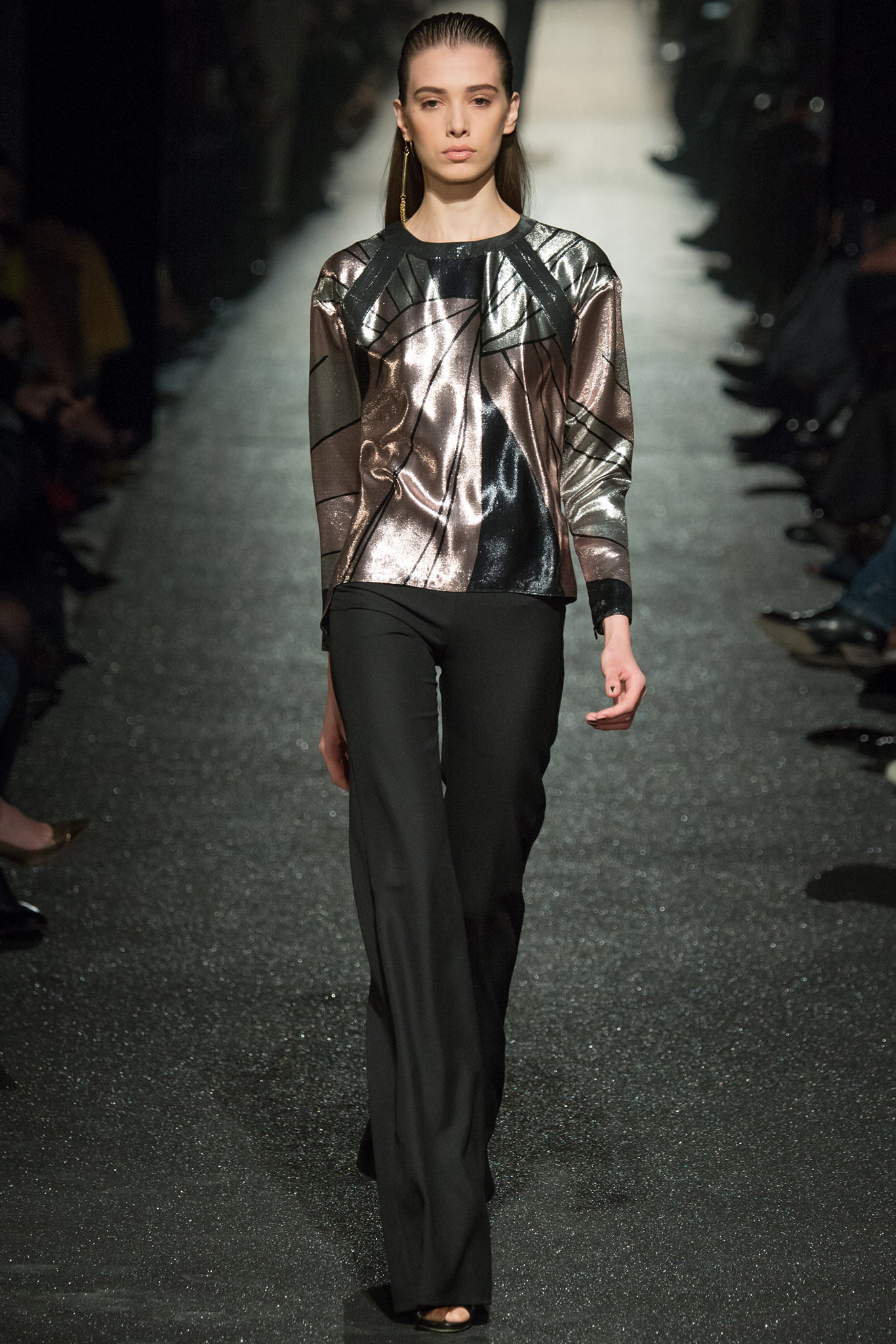 fitted black metallic top and tailored pants