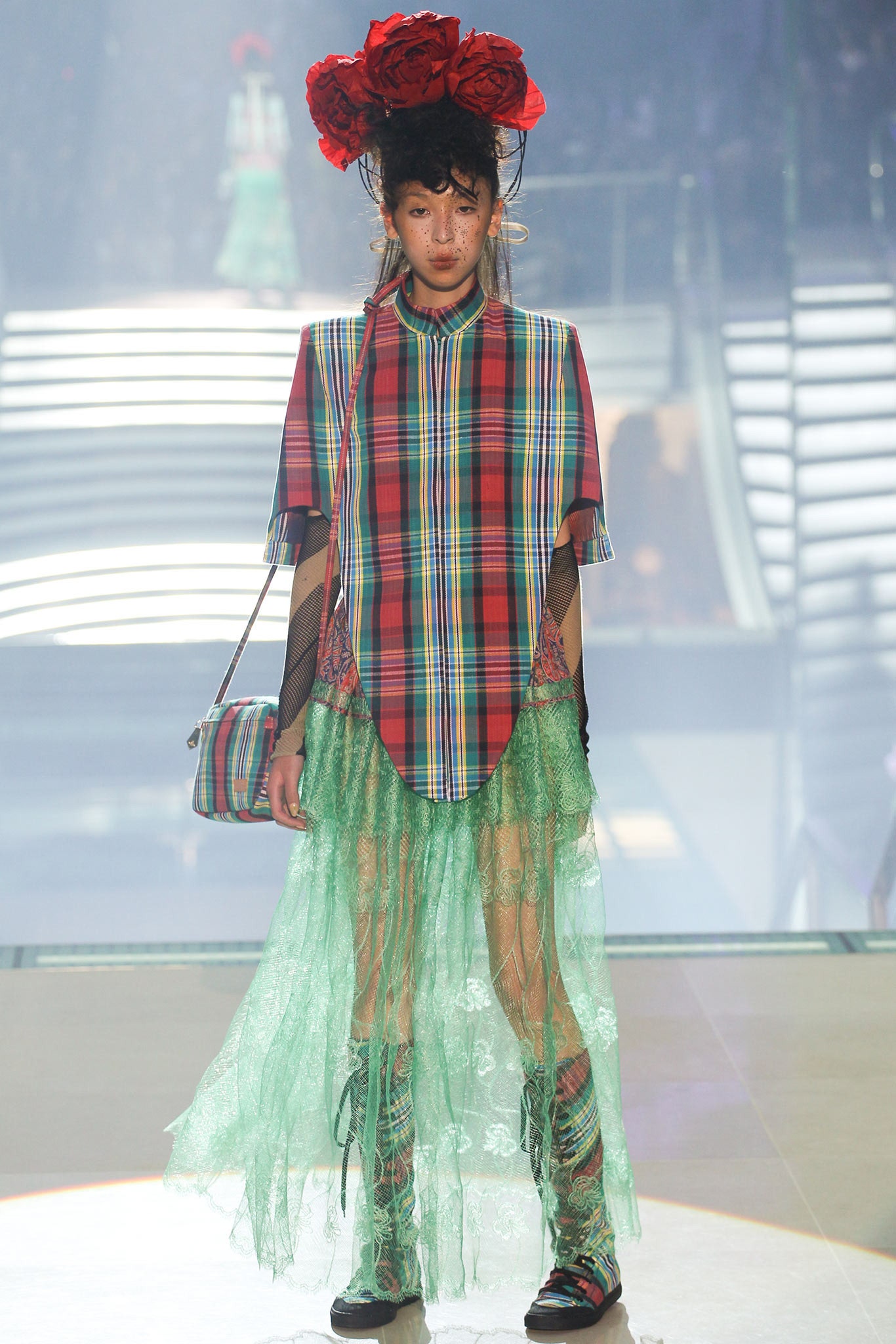 checked top with lace skirt
