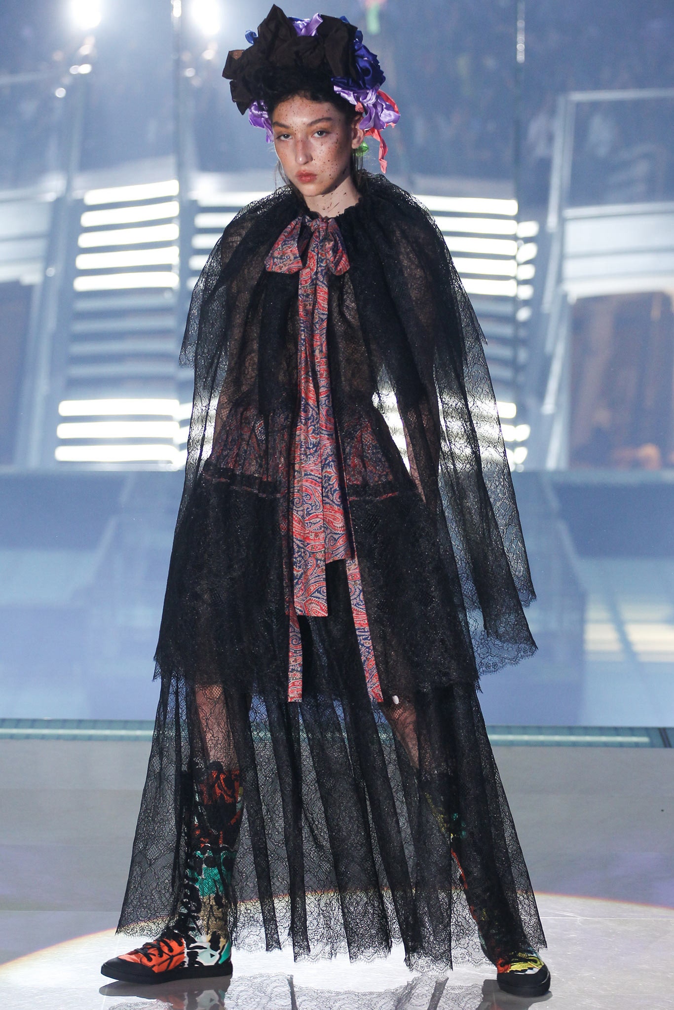 black lace cape with multi dress