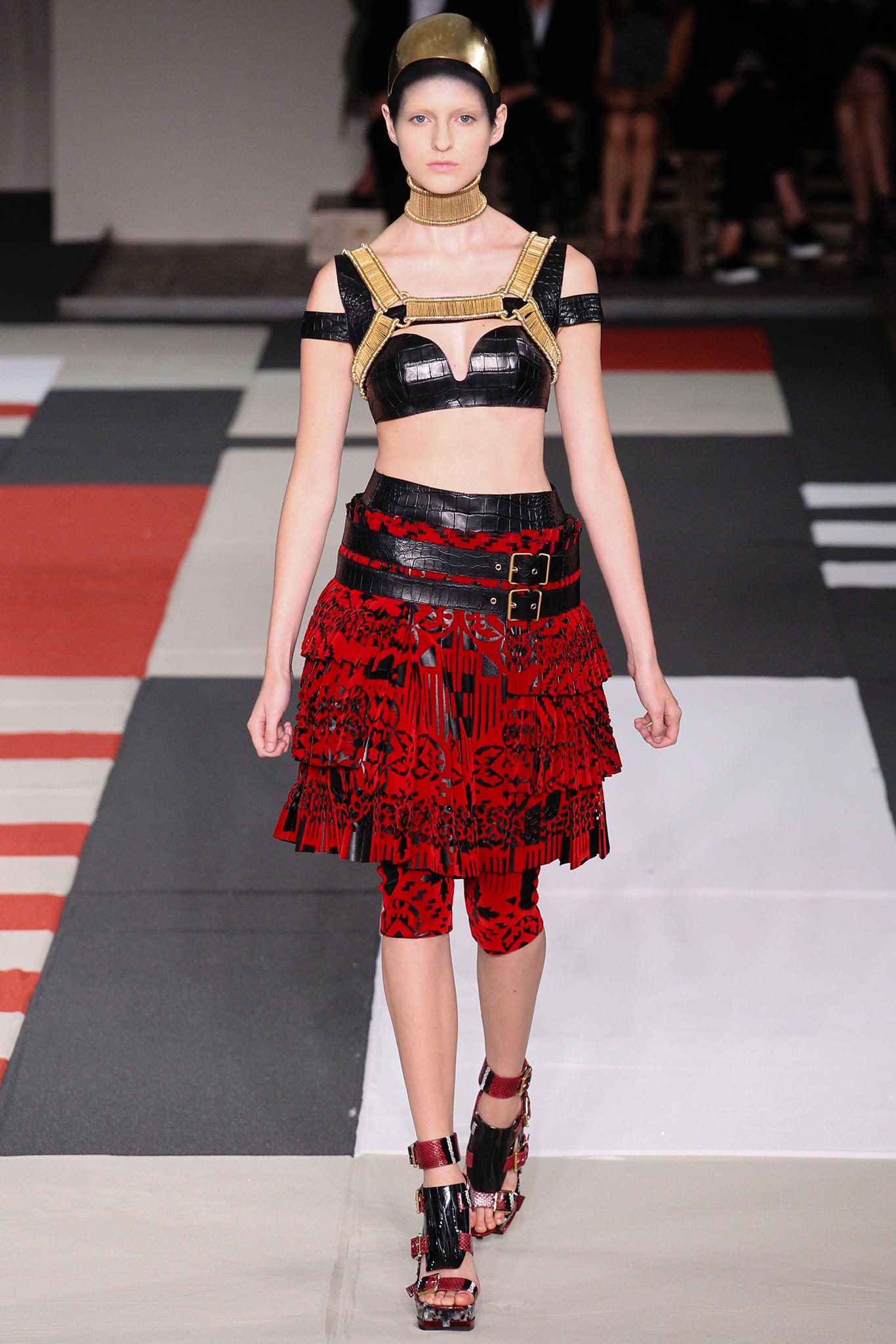black leather bustier red pleated skirt