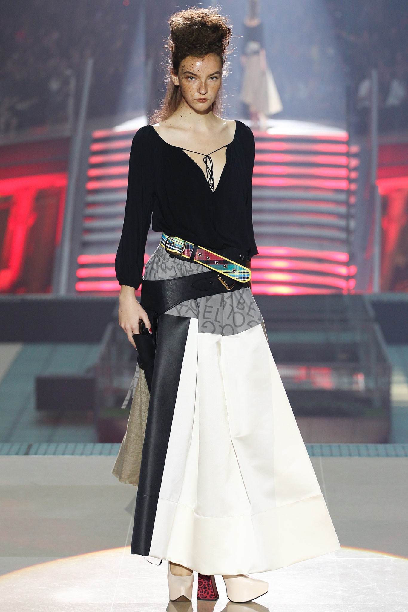 black blouse and tiered skirt
