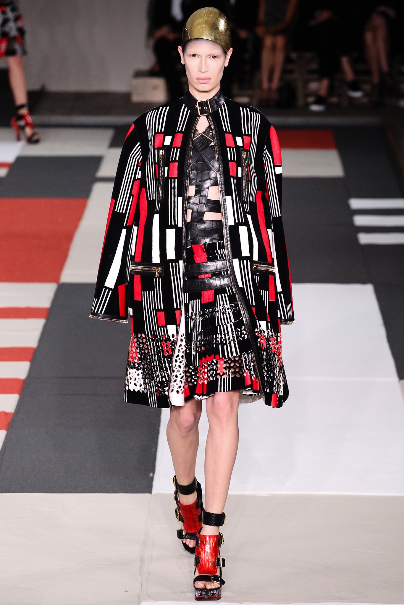 color-blocked fitted coat and mini skirt