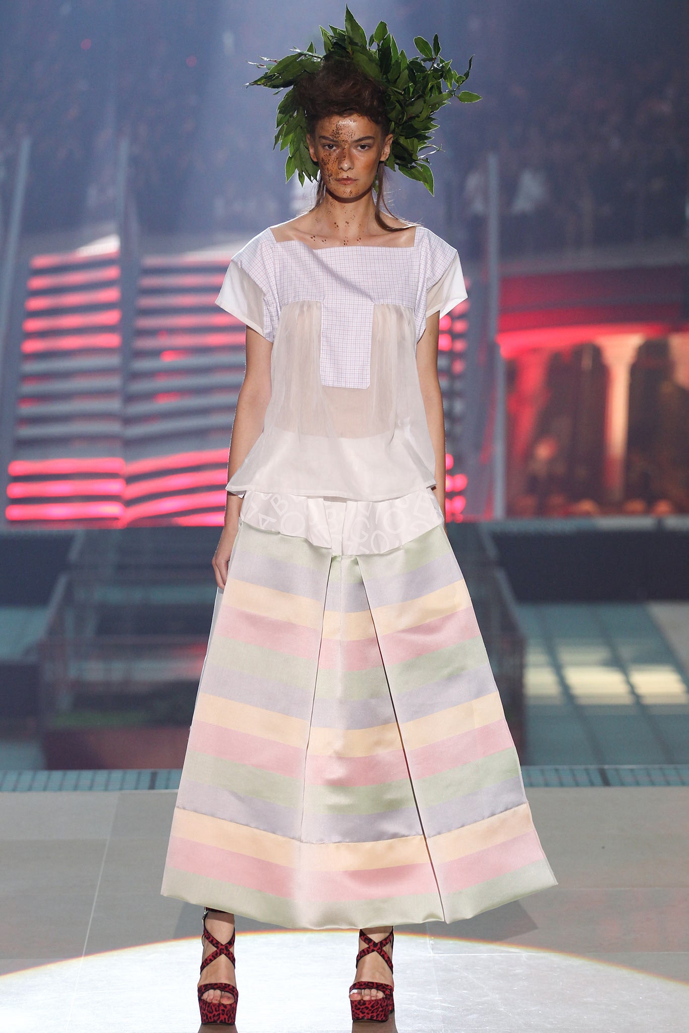white relaxed top with multi skirt