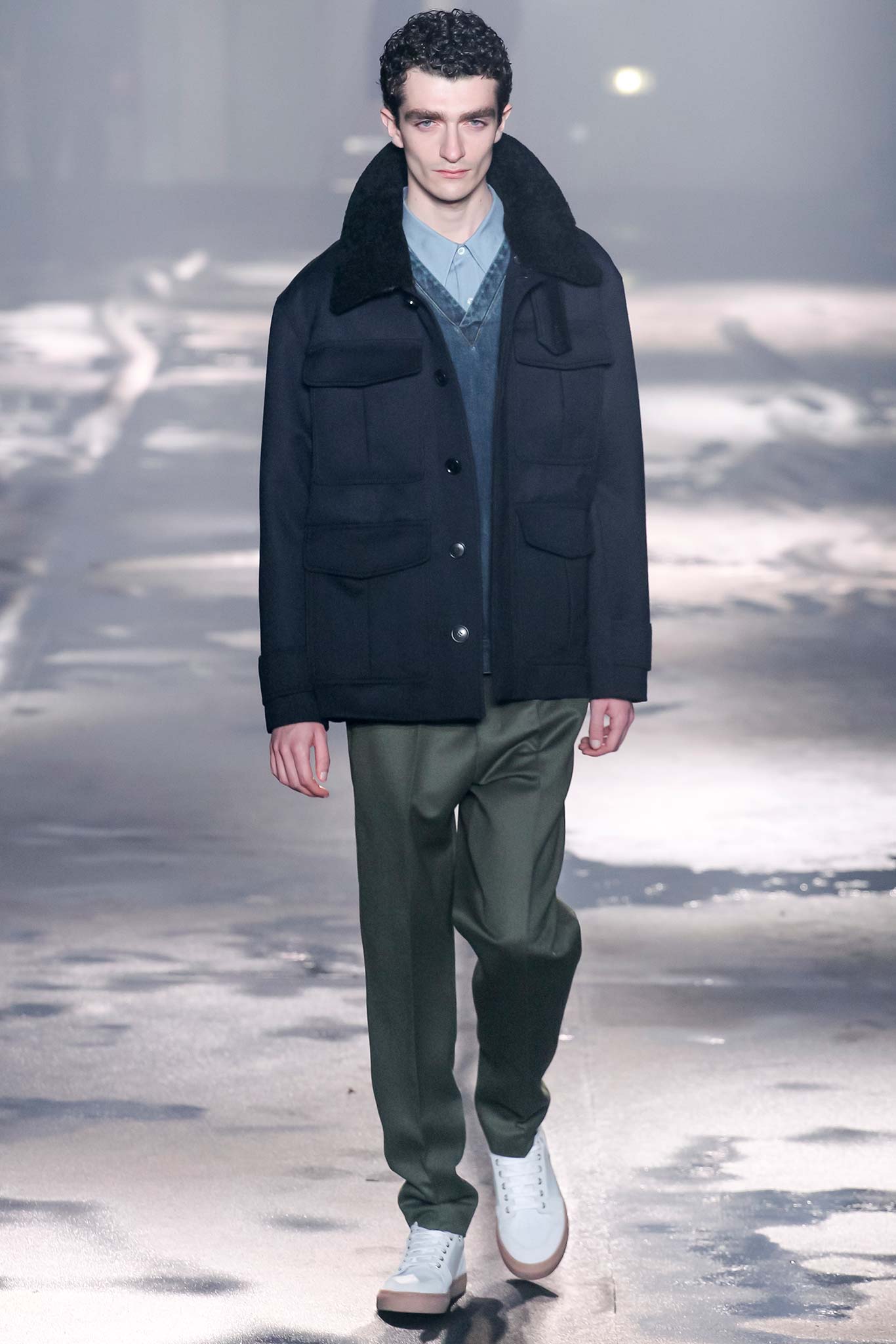 black wool jacket with blue shirt