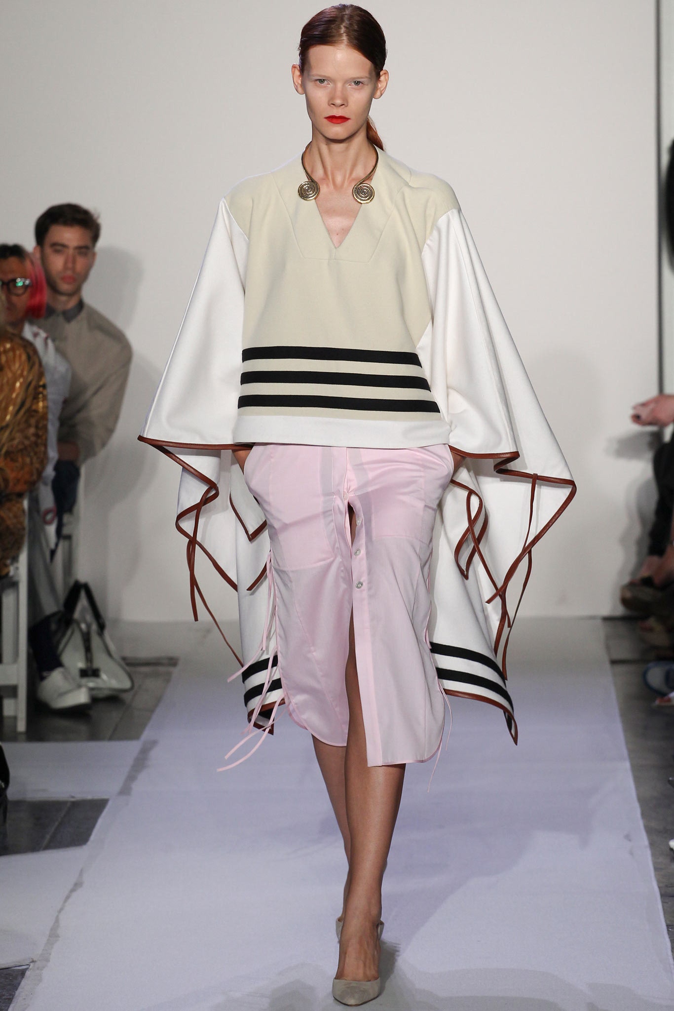 white cotton long-sleeve collared relaxed striped draped top
