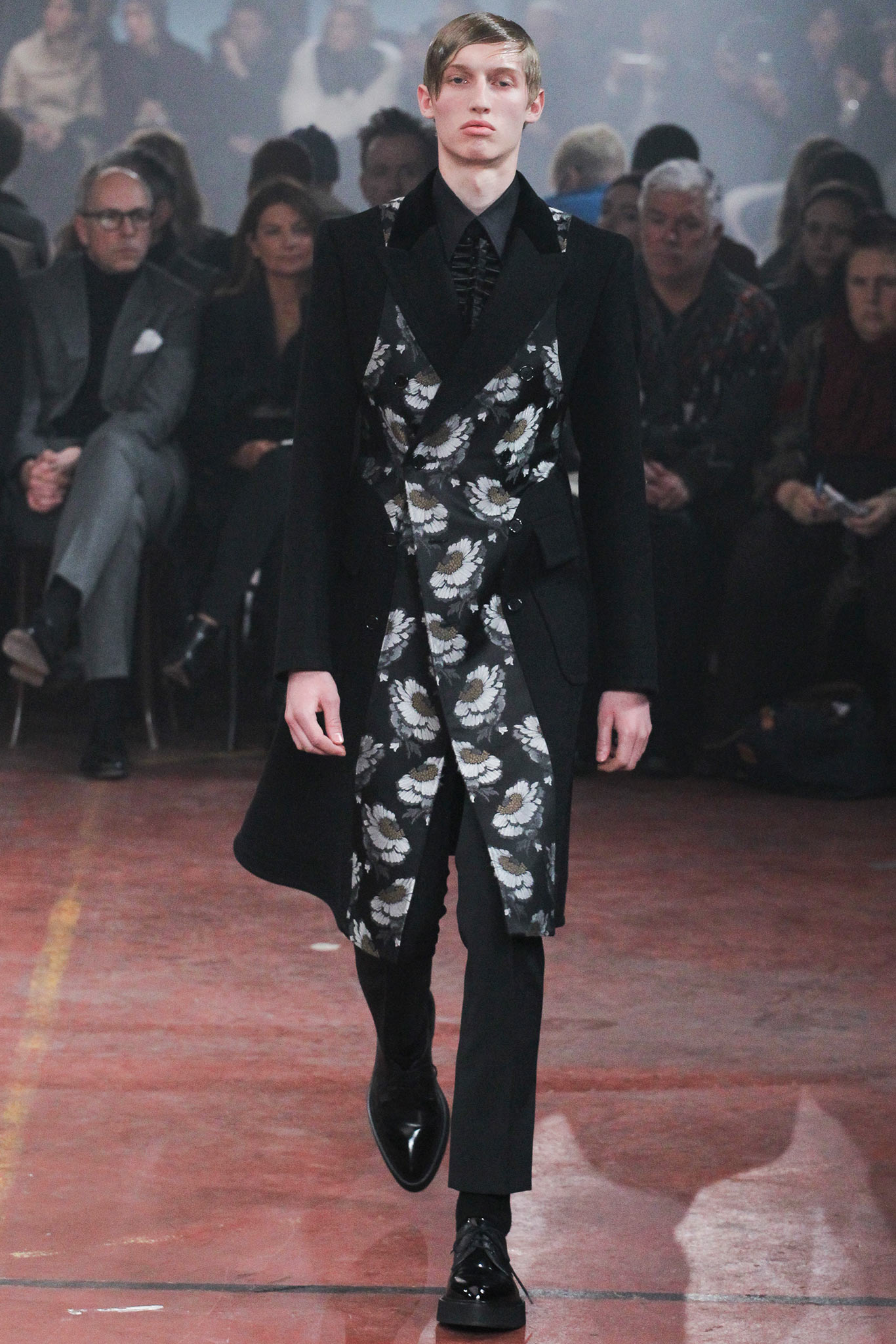 black tailored coat with printed vest