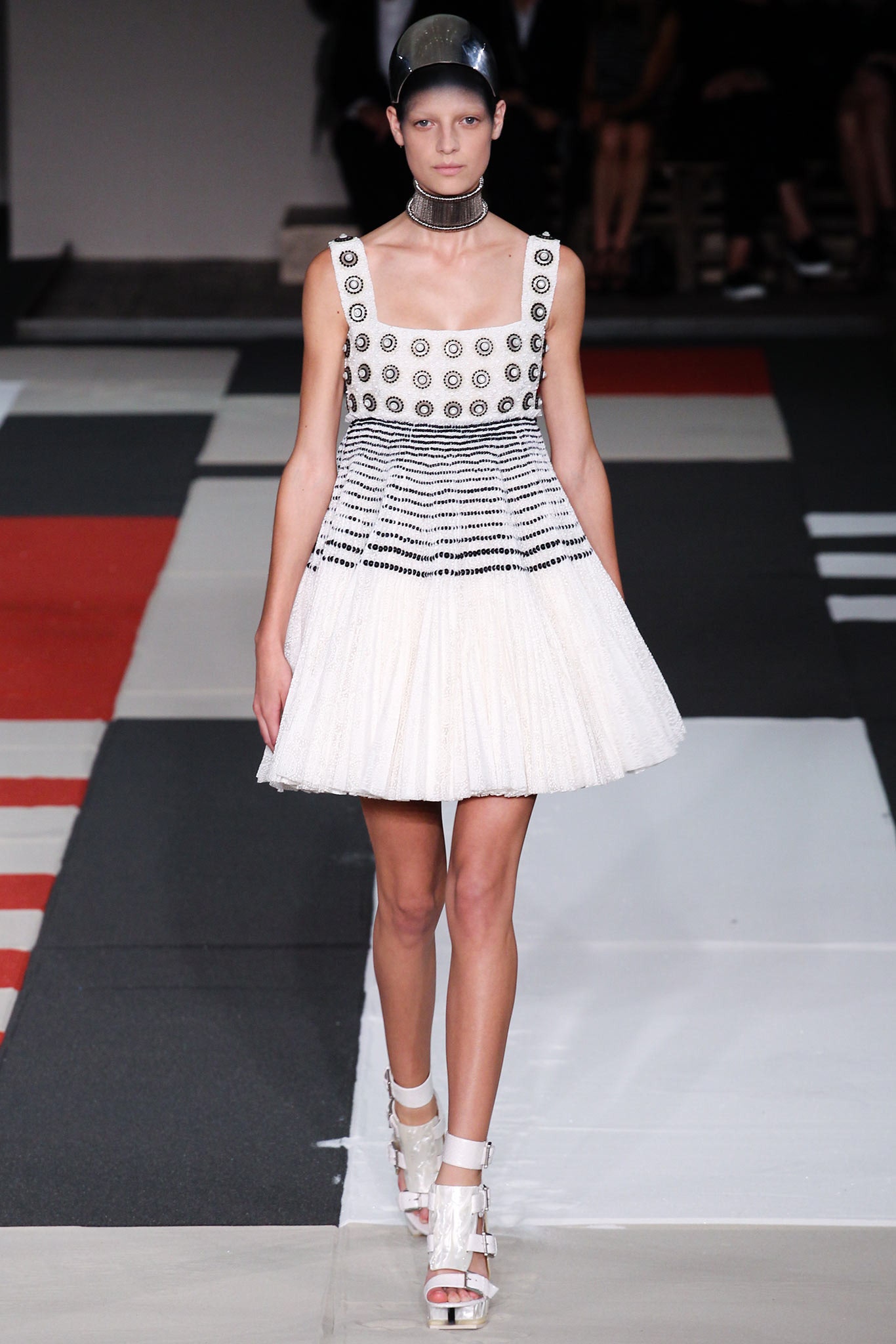 white and black pleated mini dress