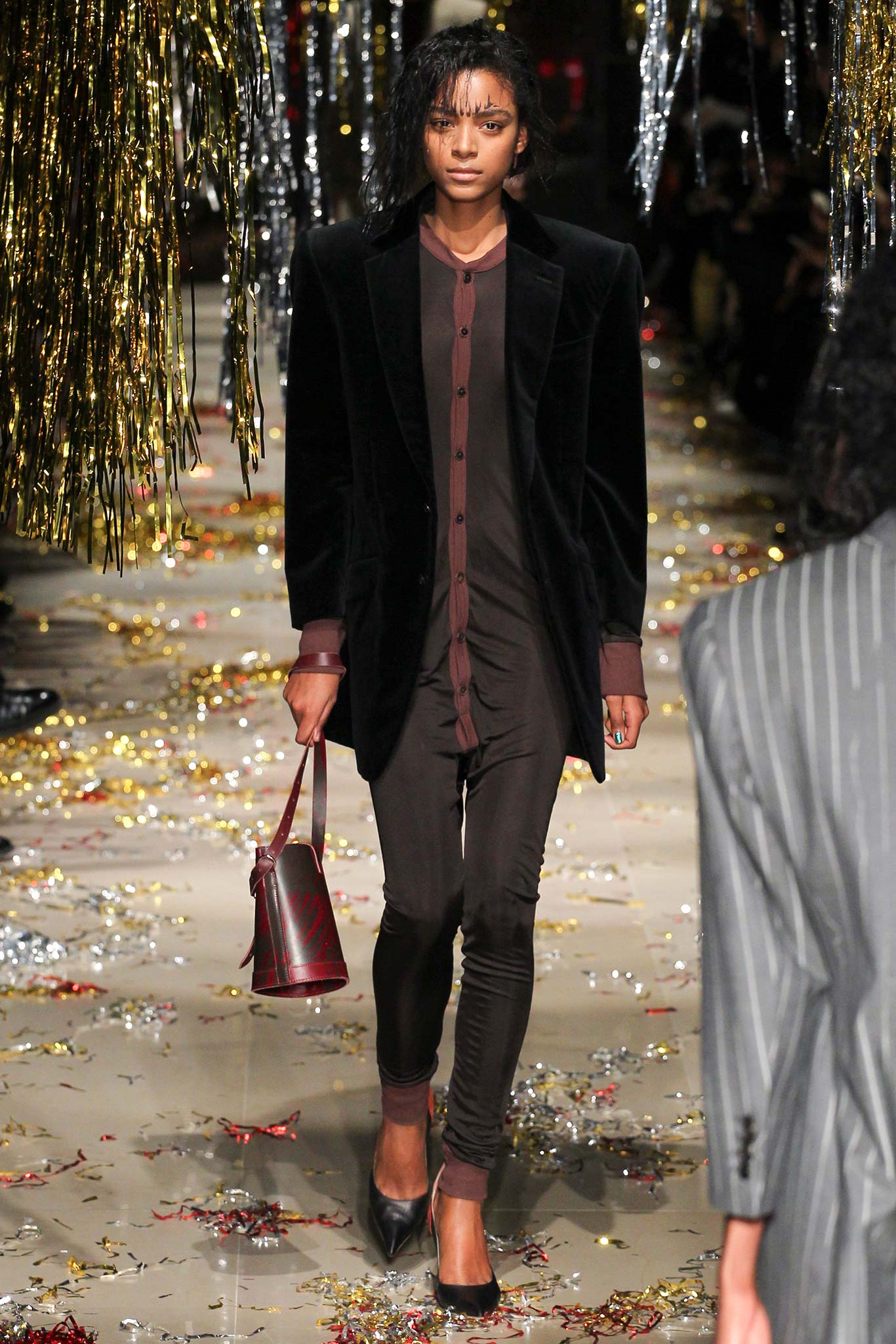 black velvet blazer with brown jumpsuit