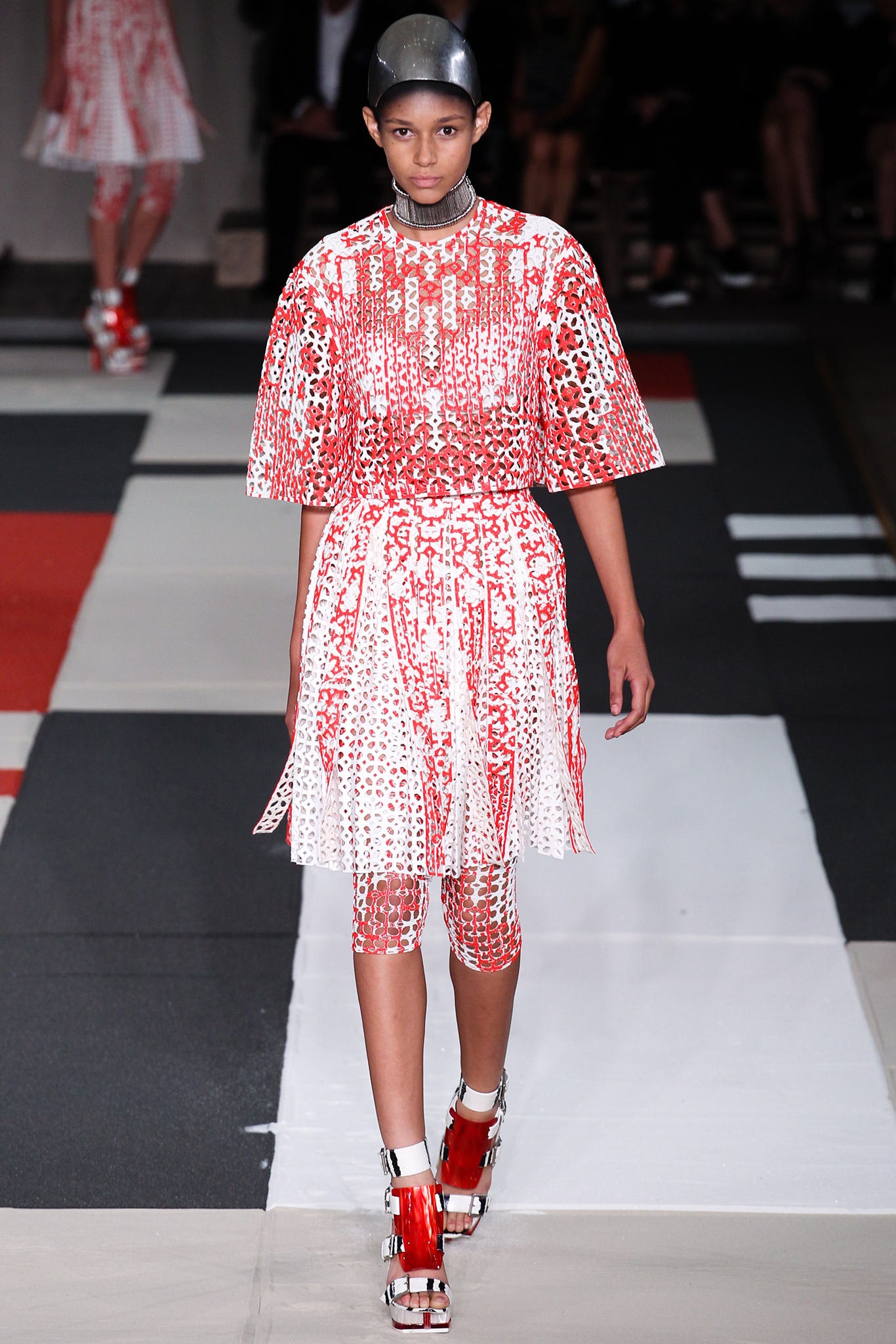 red and white pleated dress