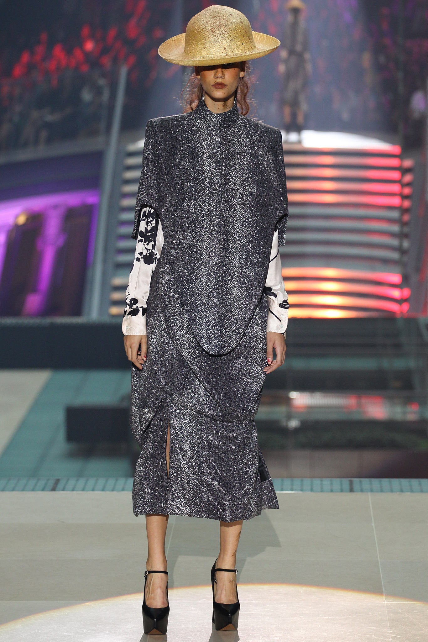 gray metallic long-sleeve high-neck fitted draped shiny dress