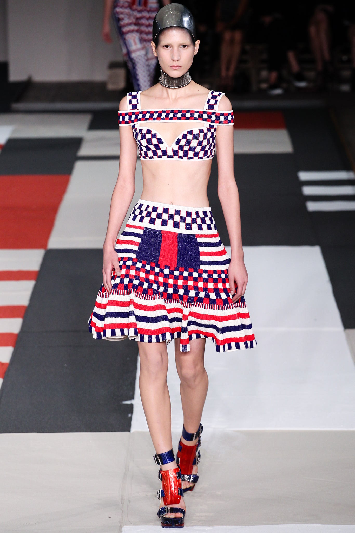 red blue white crop-top skirt