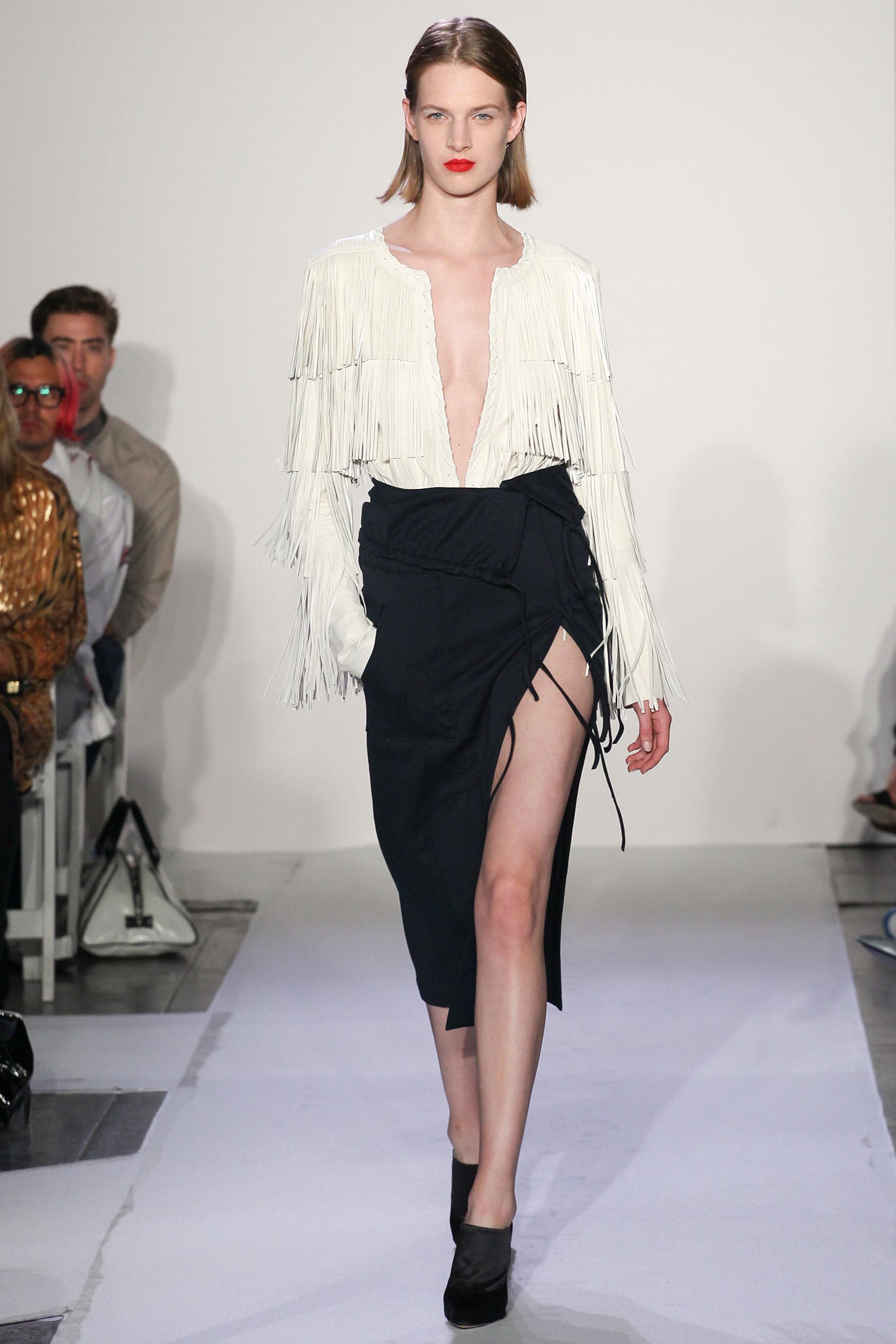 white silk long-sleeve v-neck fitted fringed blouse