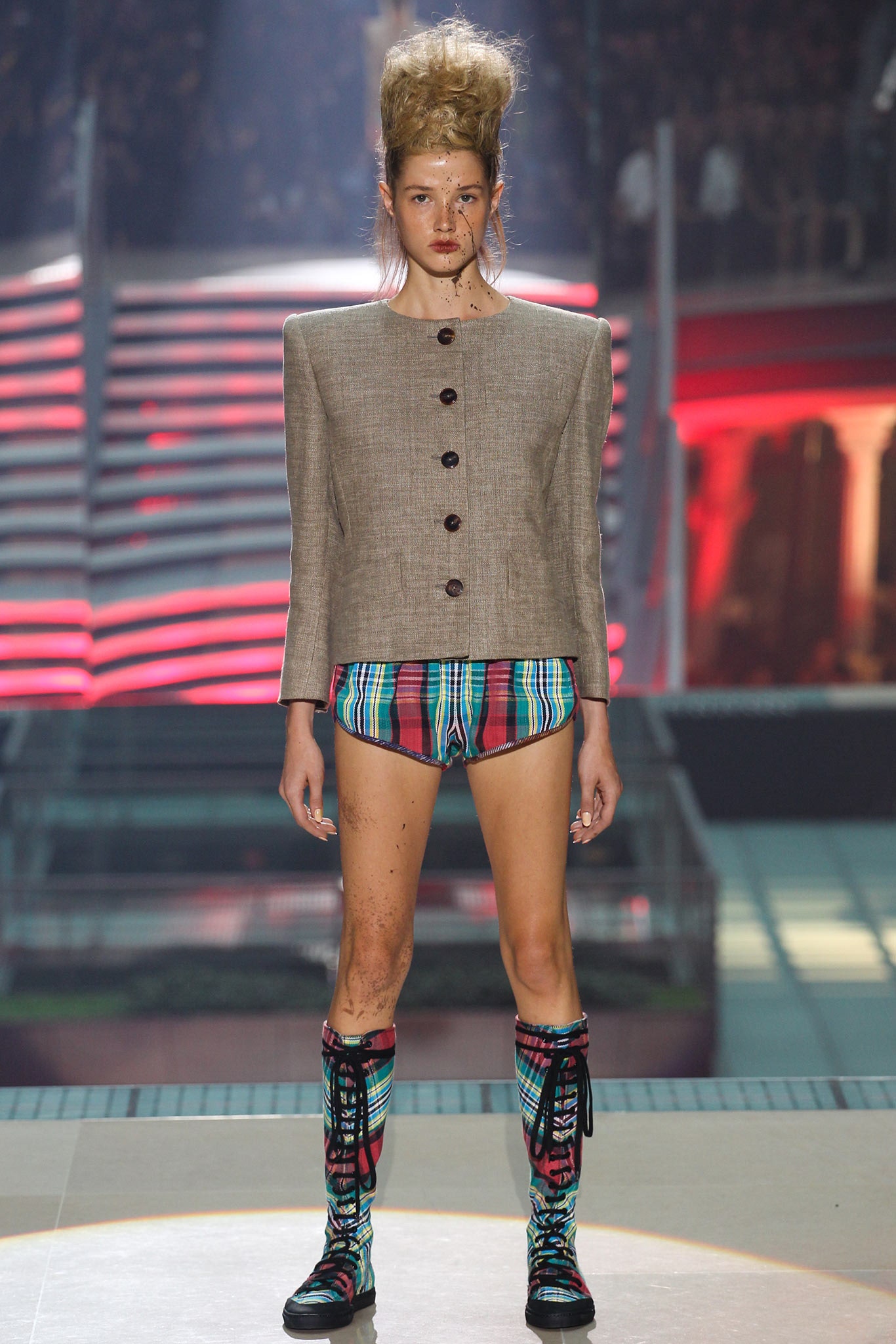 beige structured jacket with multi shorts