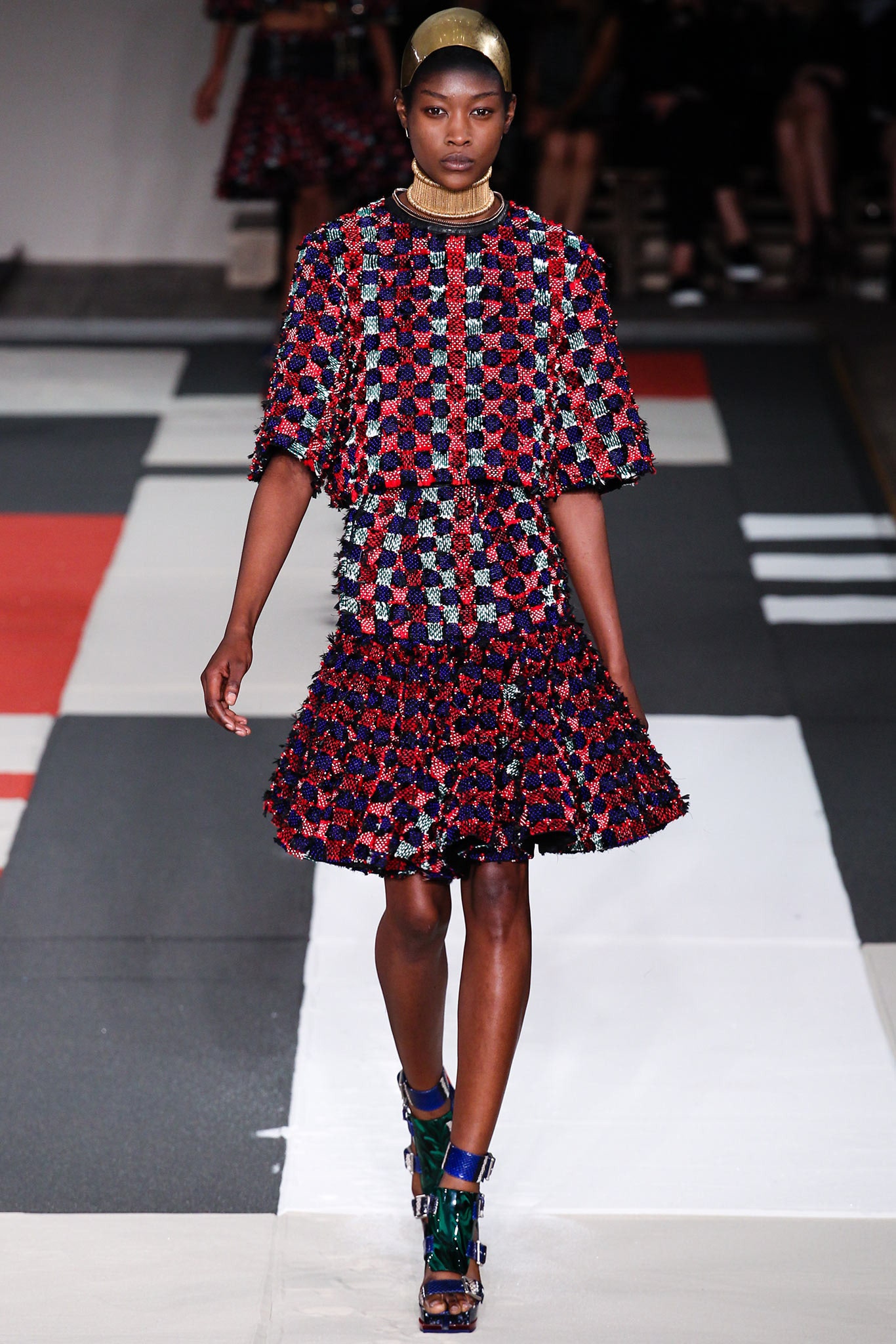 red and blue pleated mini dress