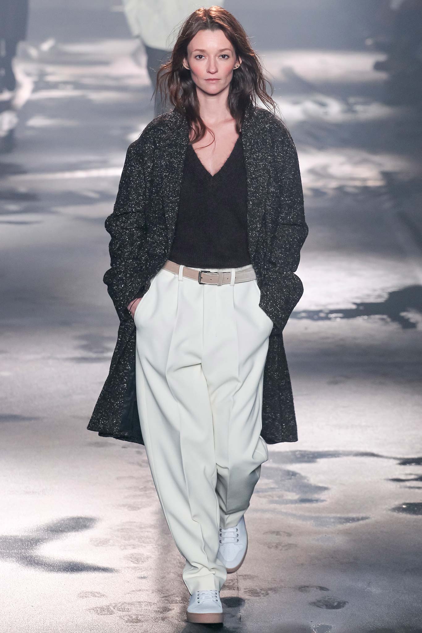 black wool coat with white pants