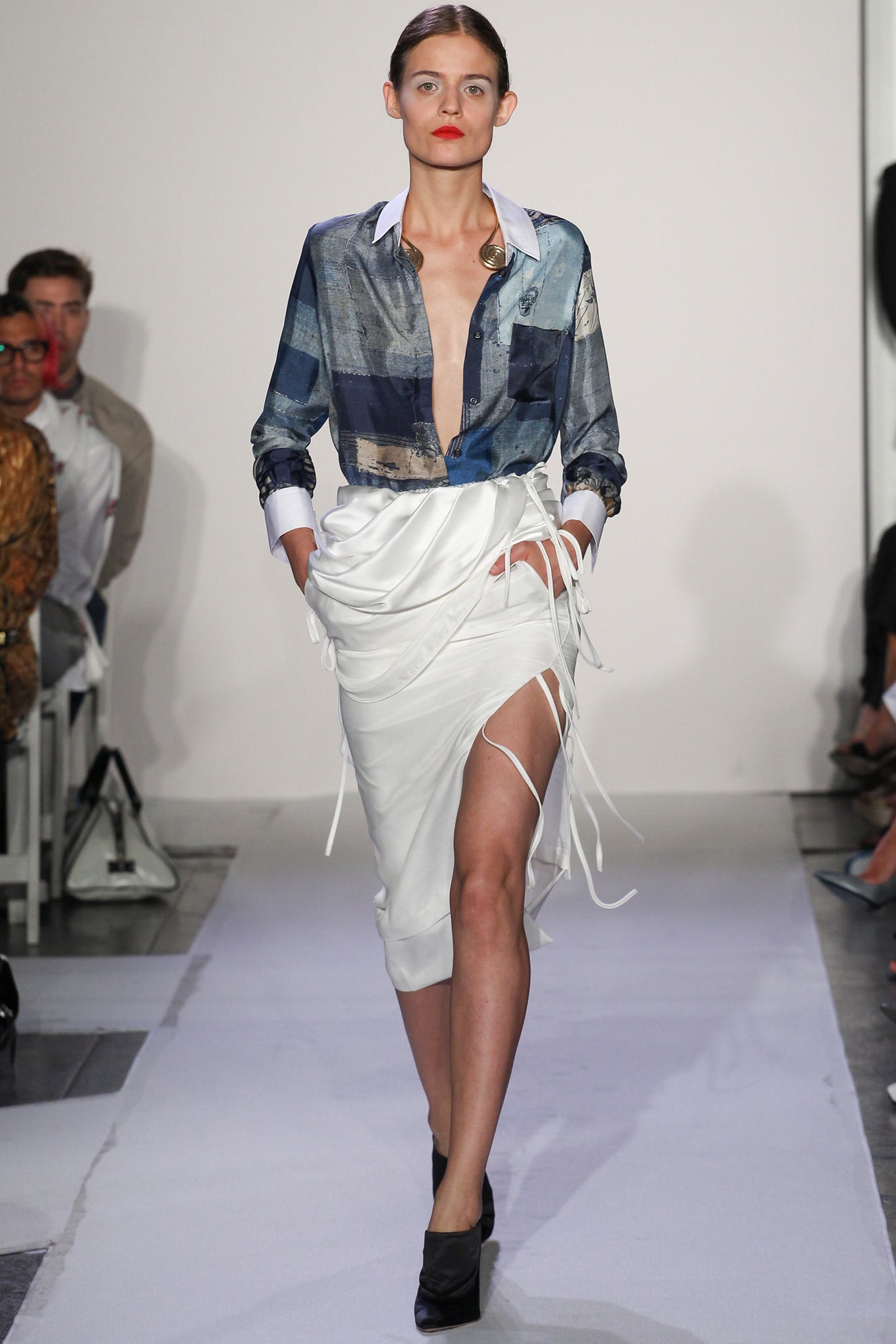 white silk slit fitted high-waisted draped skirt