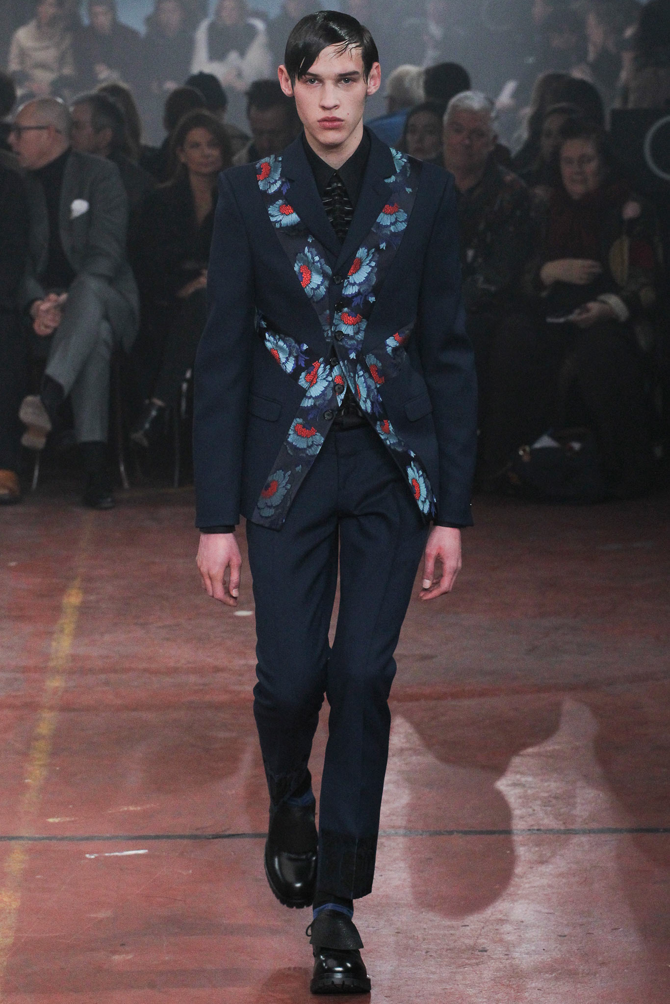 blue tailored suit with floral detail
