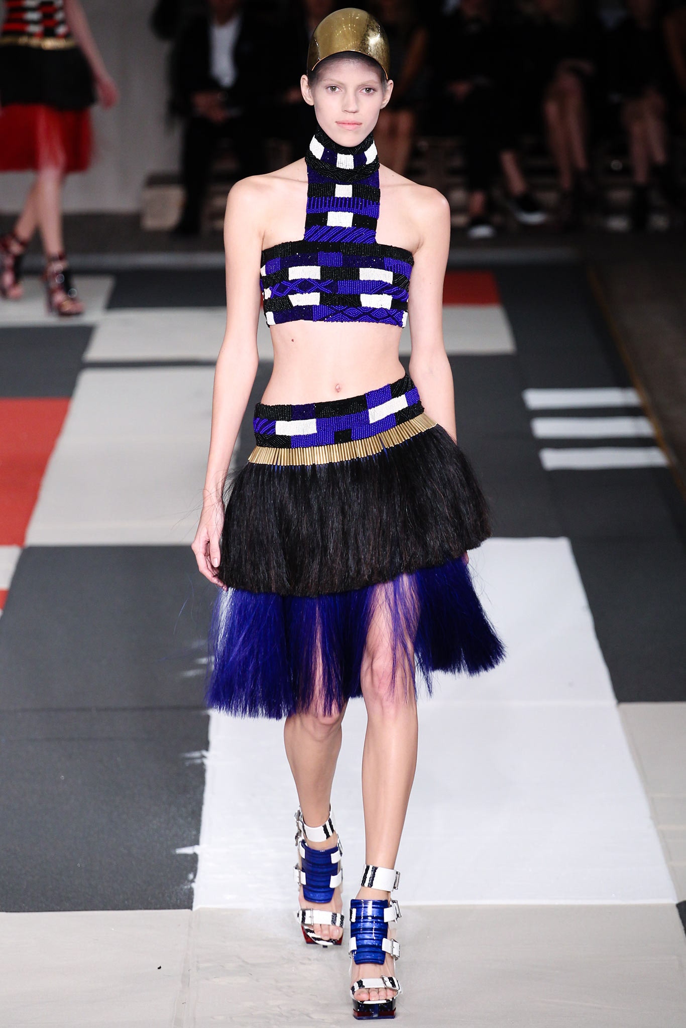 fitted black and blue layered top with mini skirt