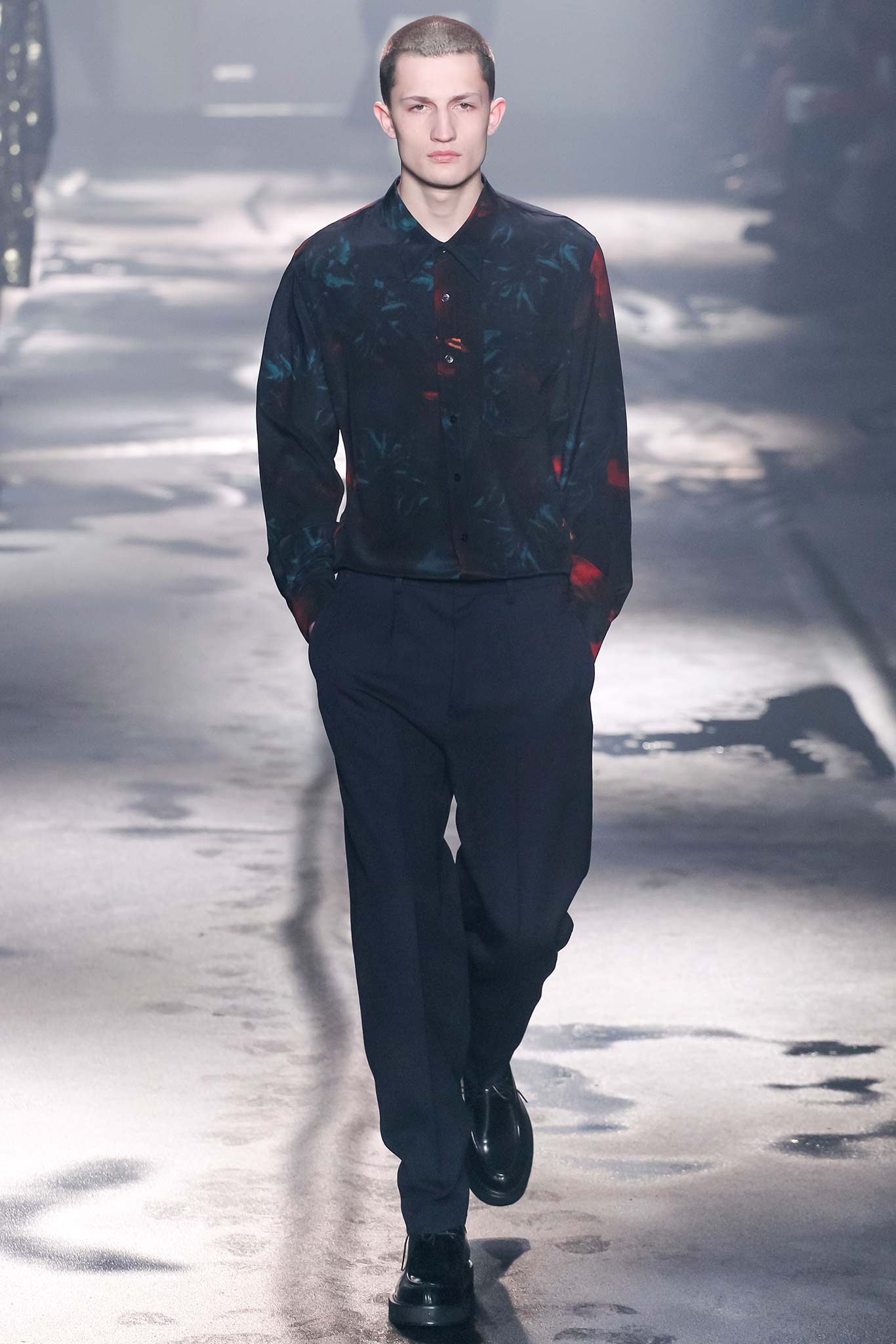 black printed shirt and tailored pants