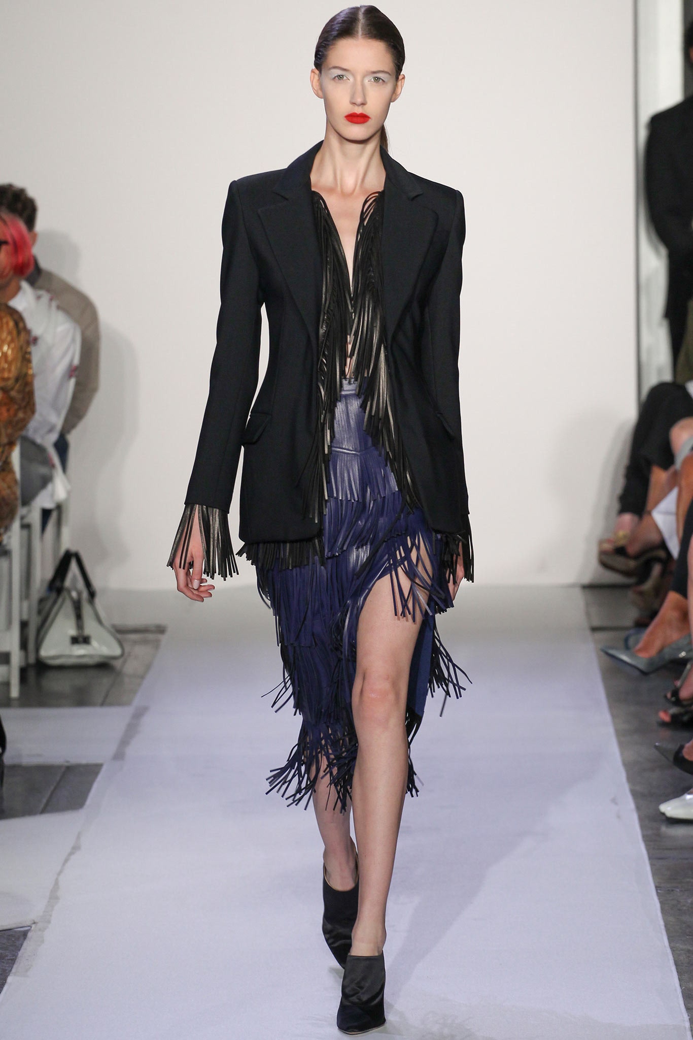 black fringed blazer with blue skirt