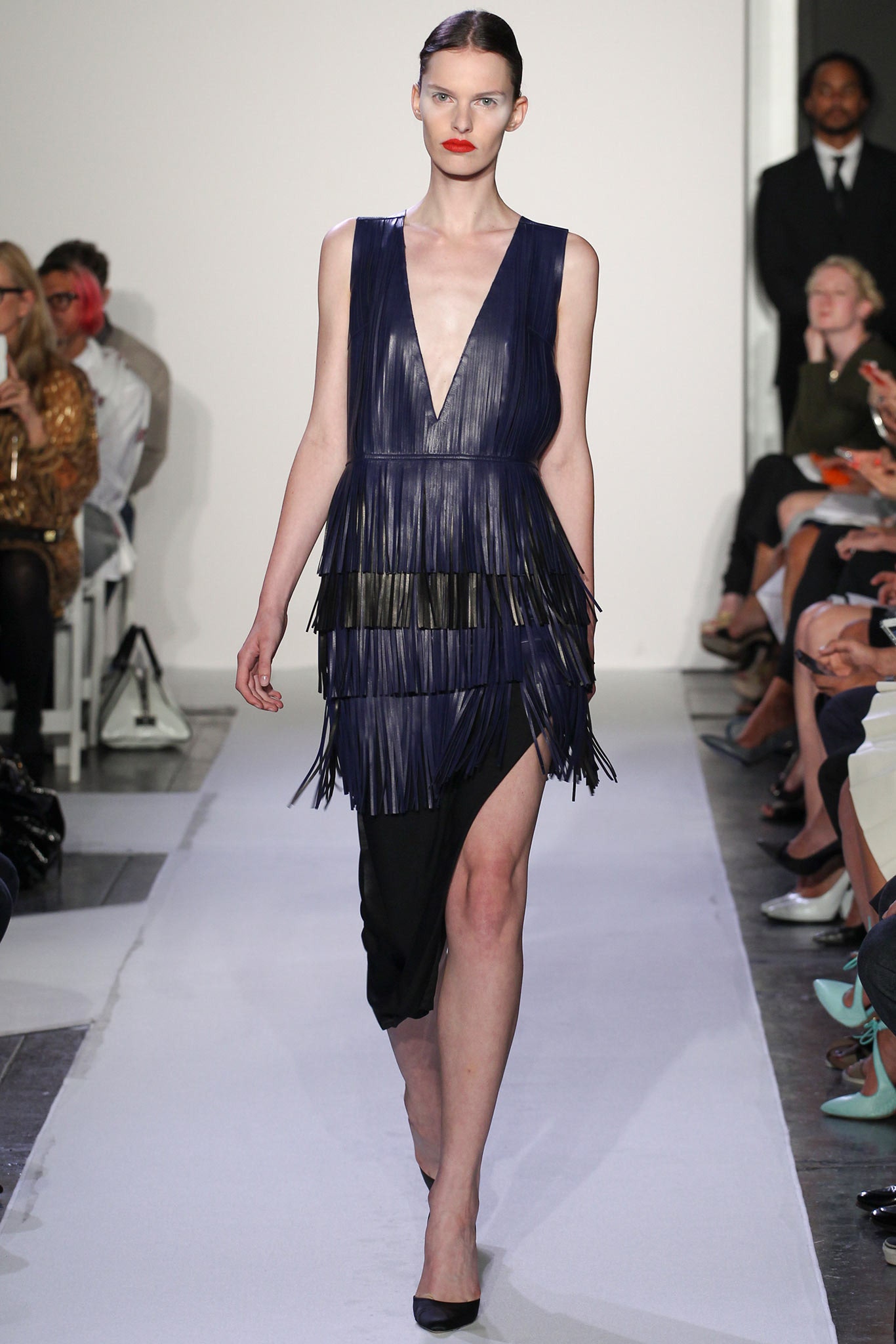 blue leather fringed midi dress
