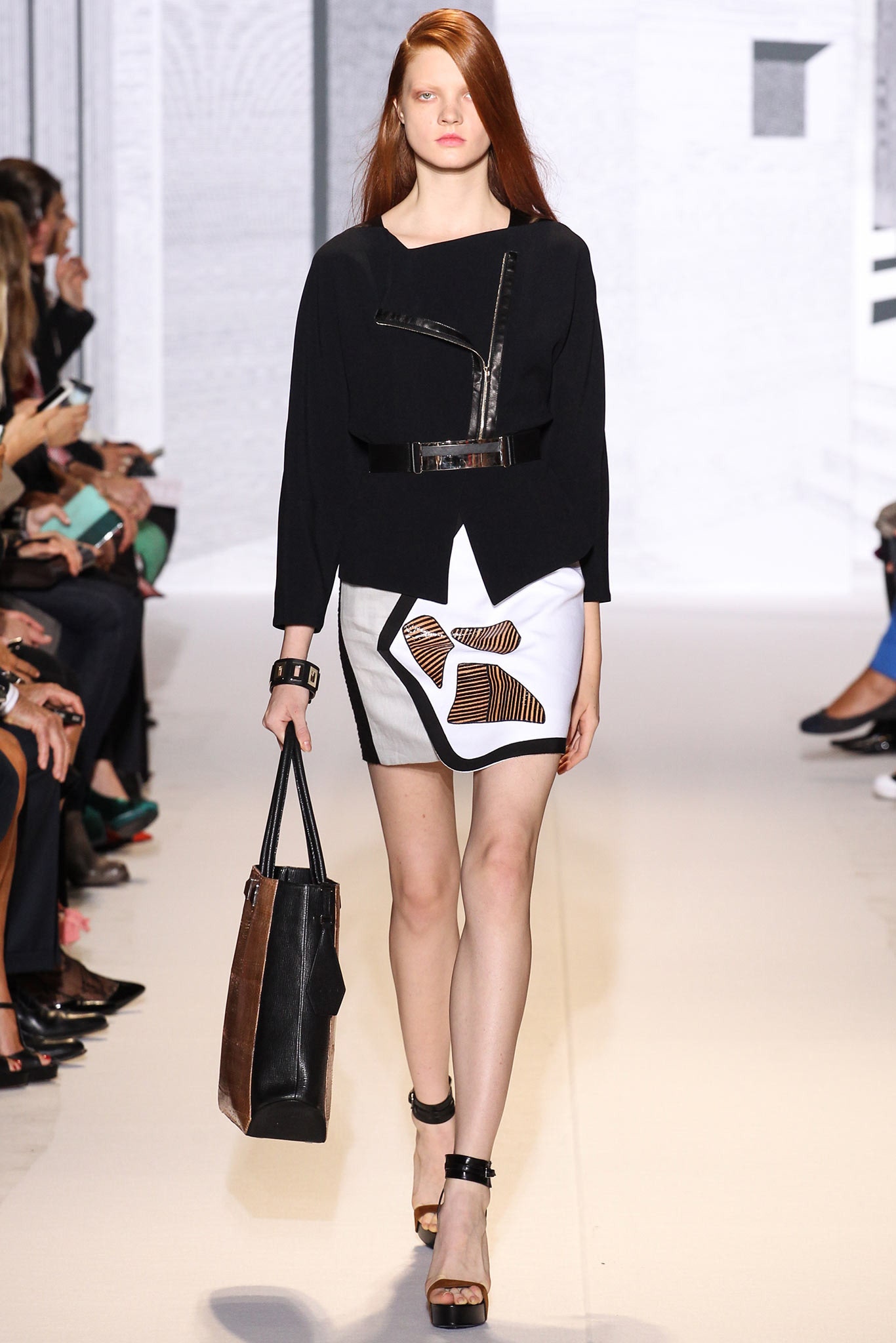 black top and white mini skirt