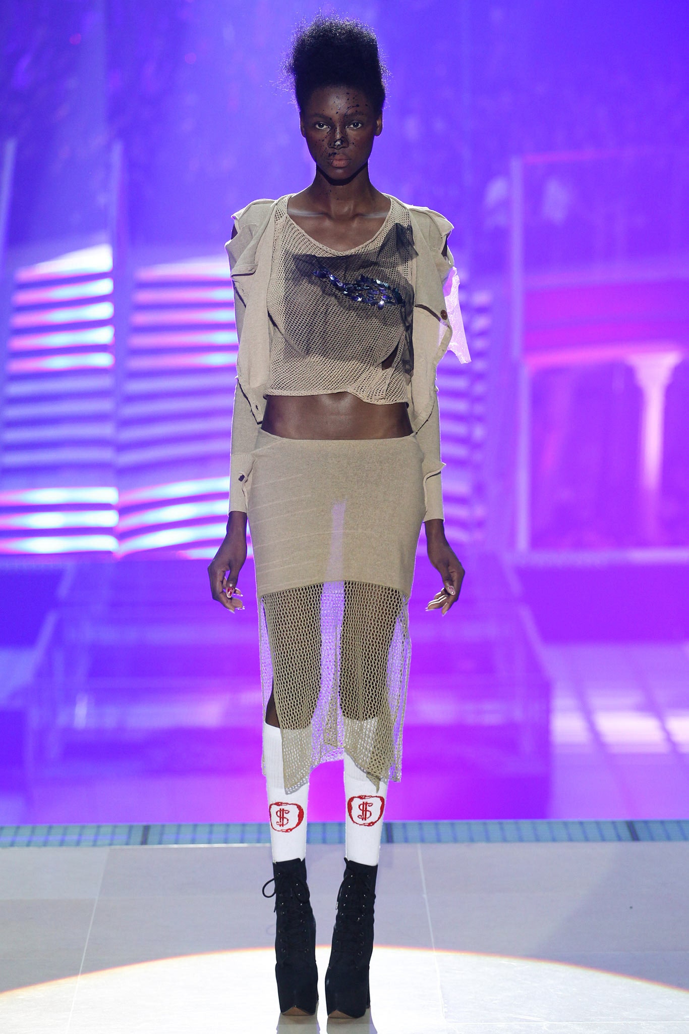 beige mesh top and skirt