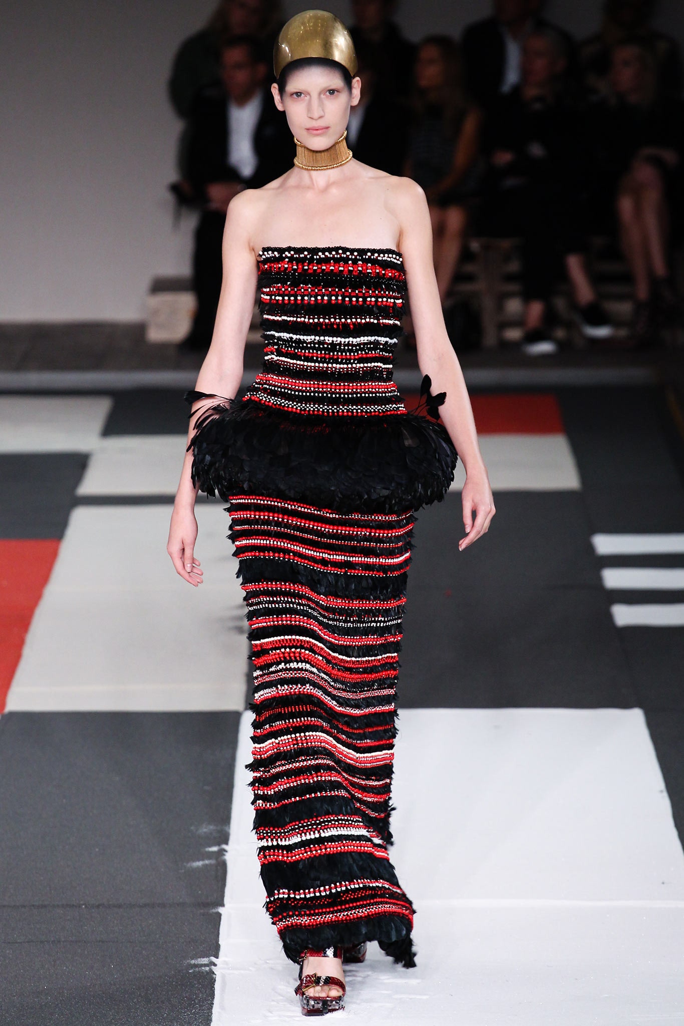 black and red fringed gown
