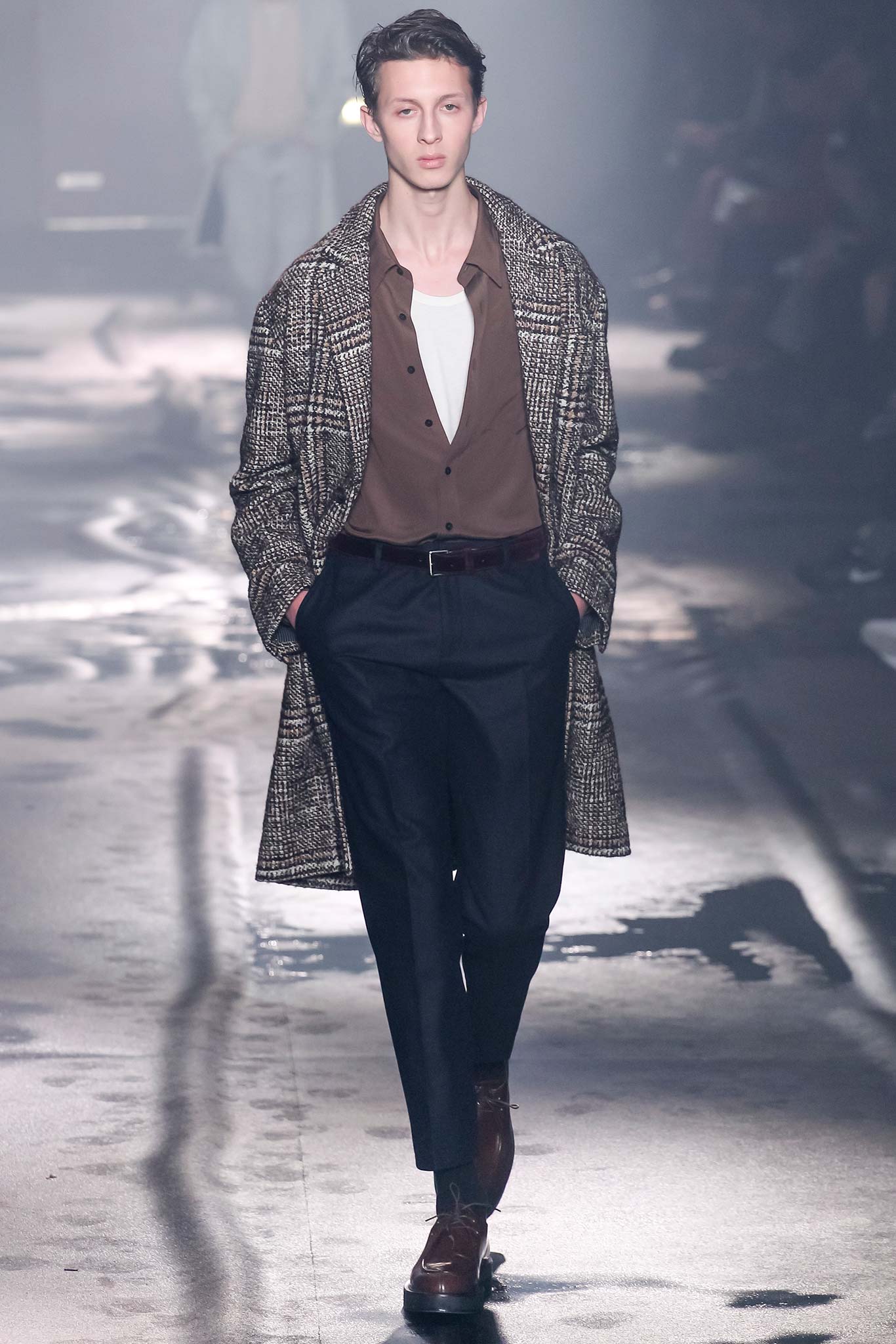 gray wool coat with tailored pants